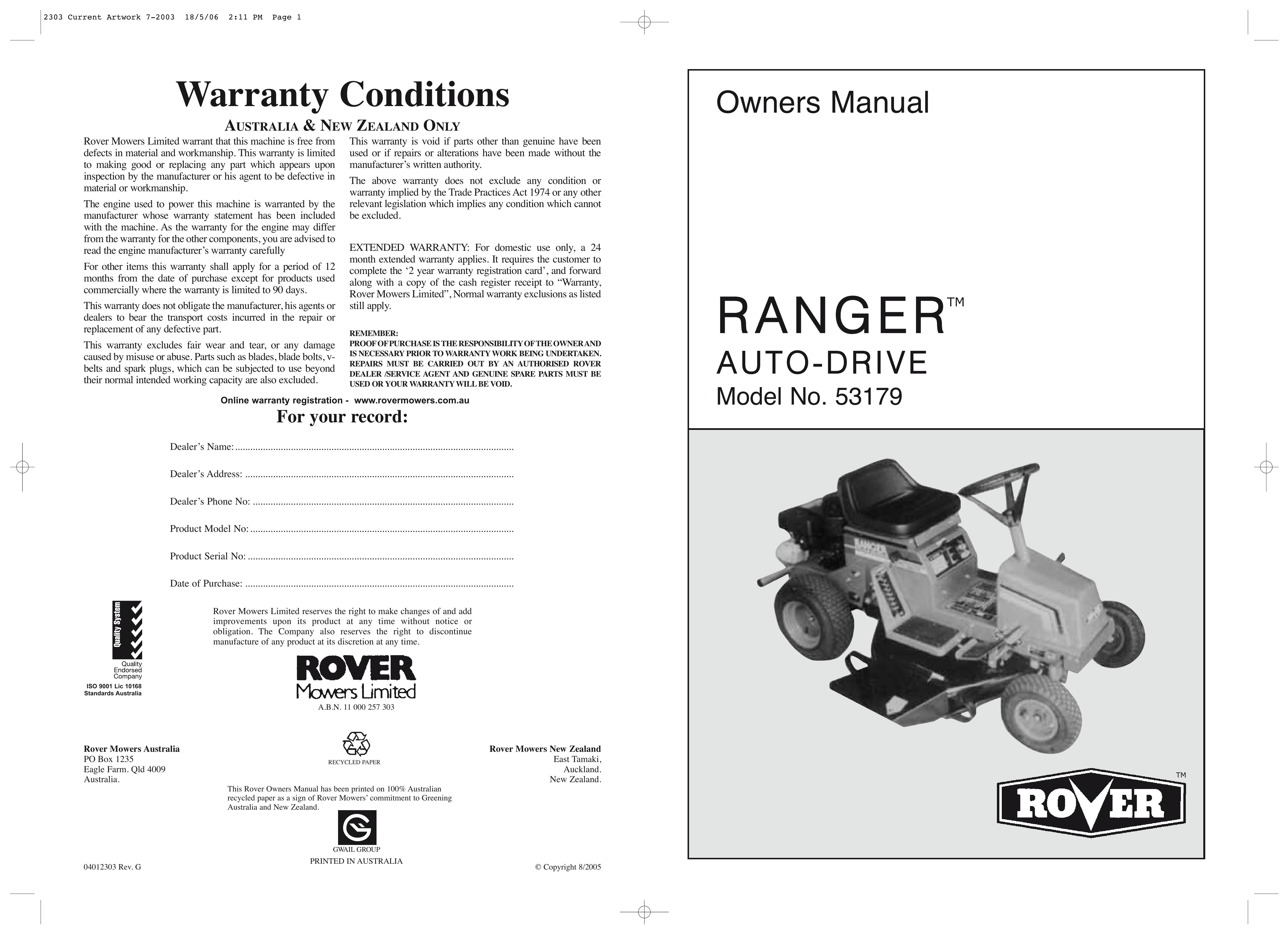 Rover 53179 Lawn Mower User Manual
