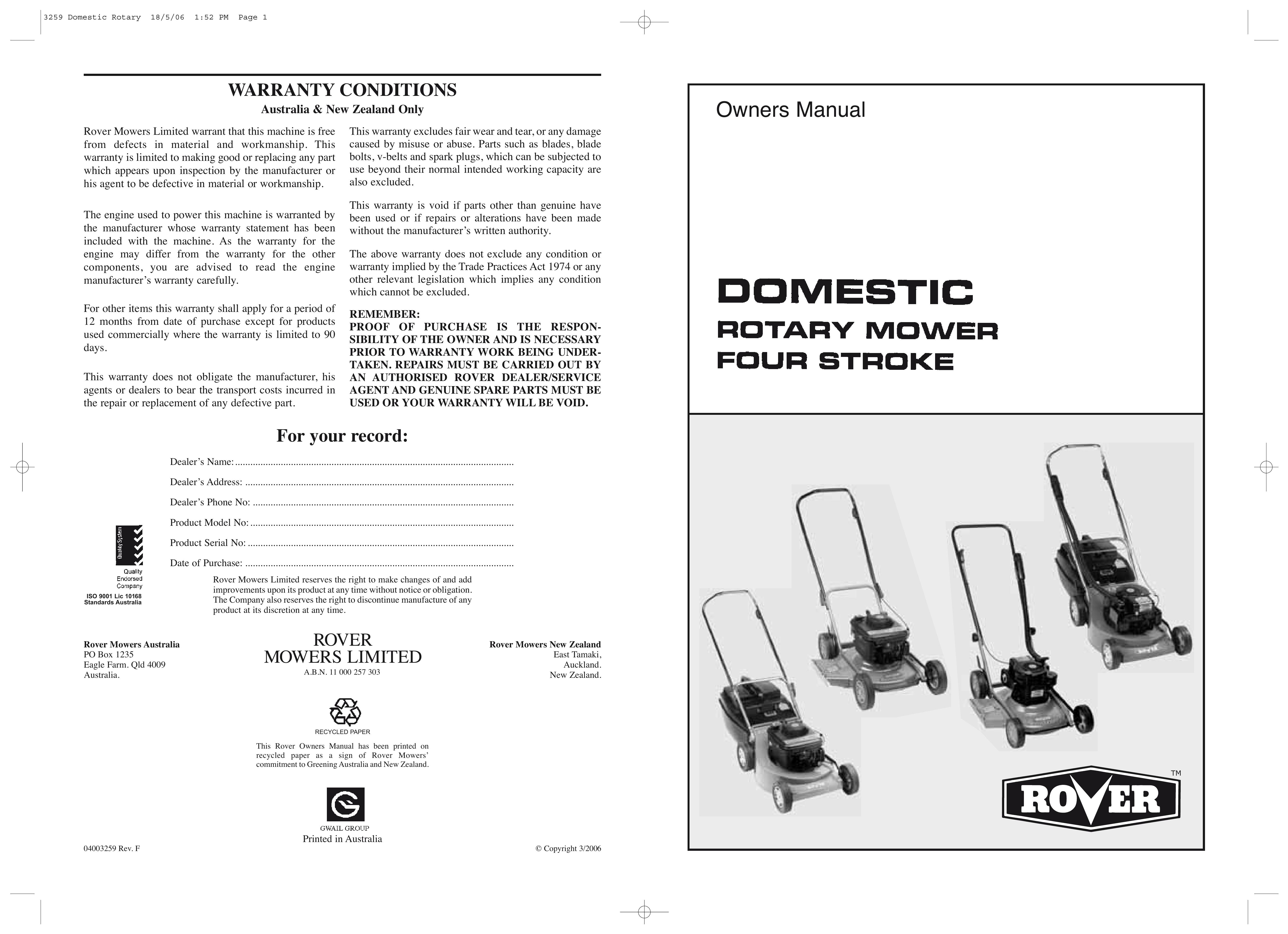 Rover Domestic Rotary Mower Lawn Mower User Manual