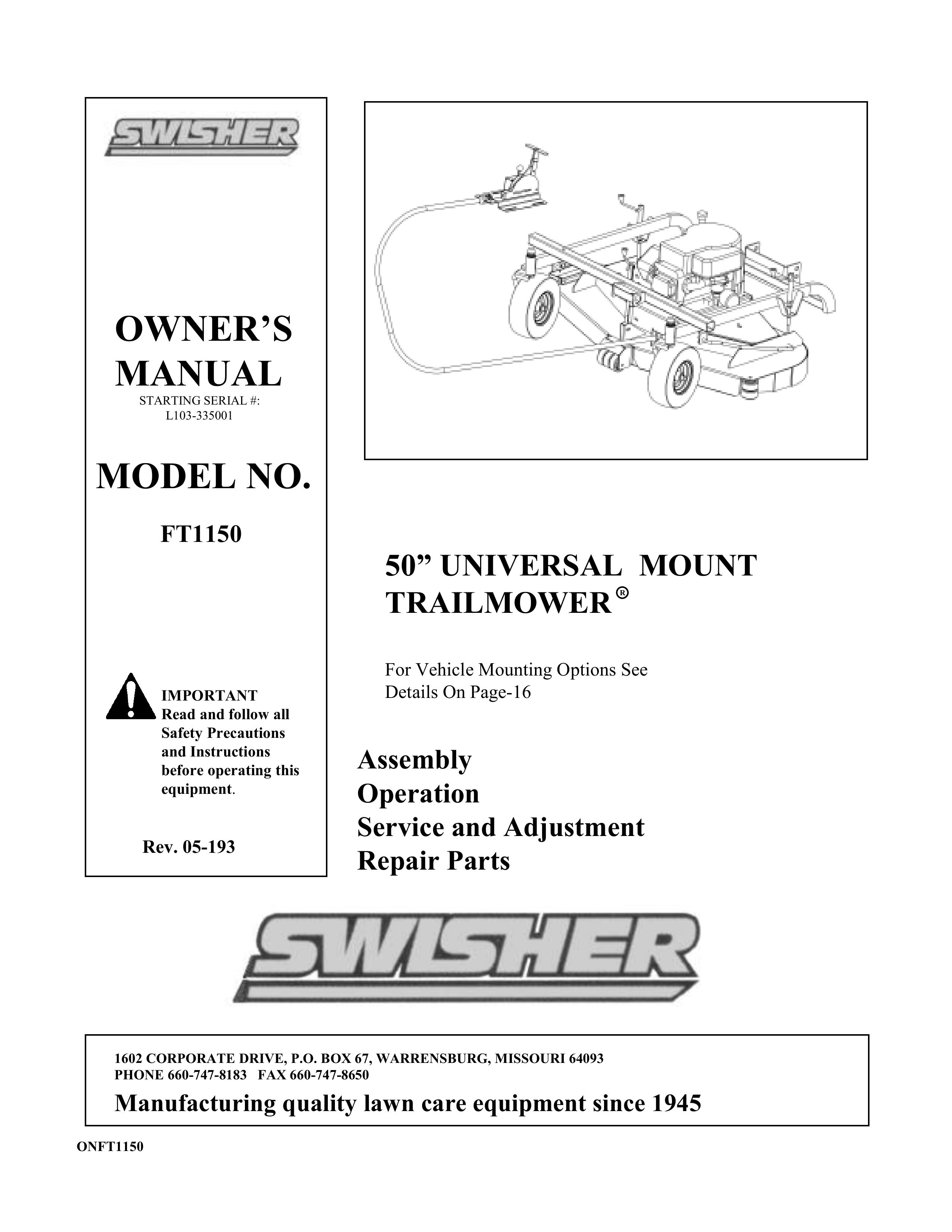 Swisher FT1150 Lawn Mower User Manual