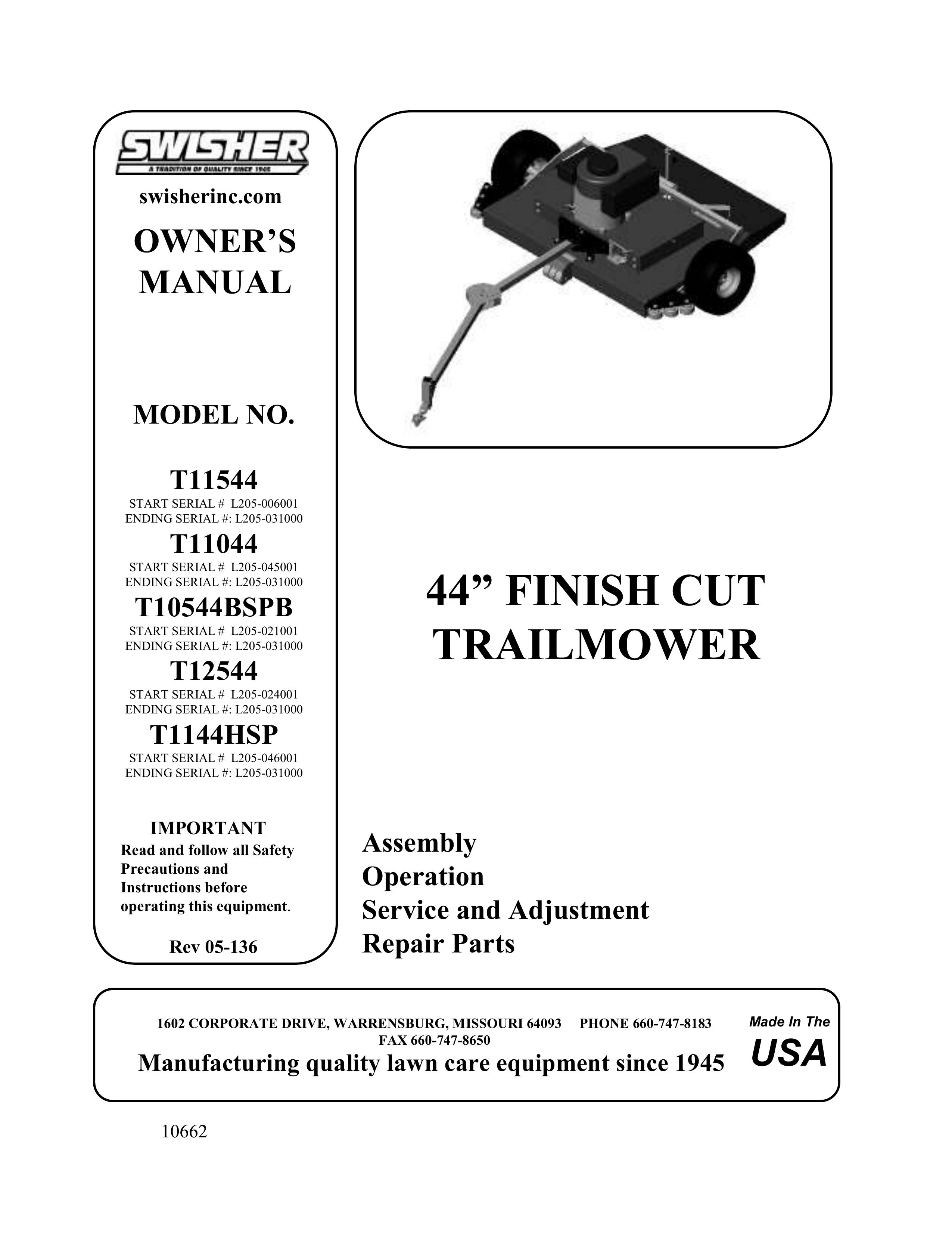 Swisher T11044, T11544, T10544BSPB, T12544, T1144HSP Lawn Mower User Manual