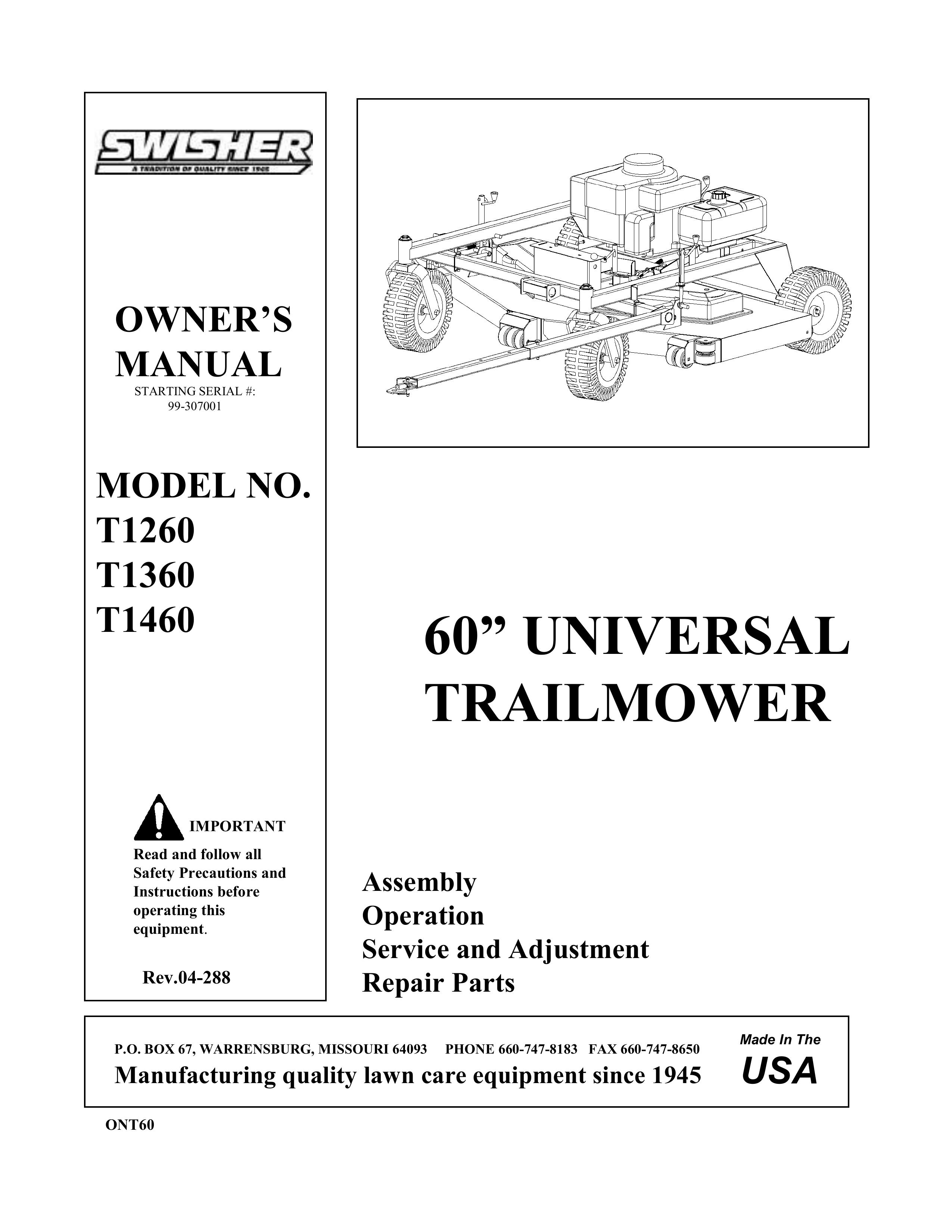 Swisher T1360, T1260, T1460 Lawn Mower User Manual