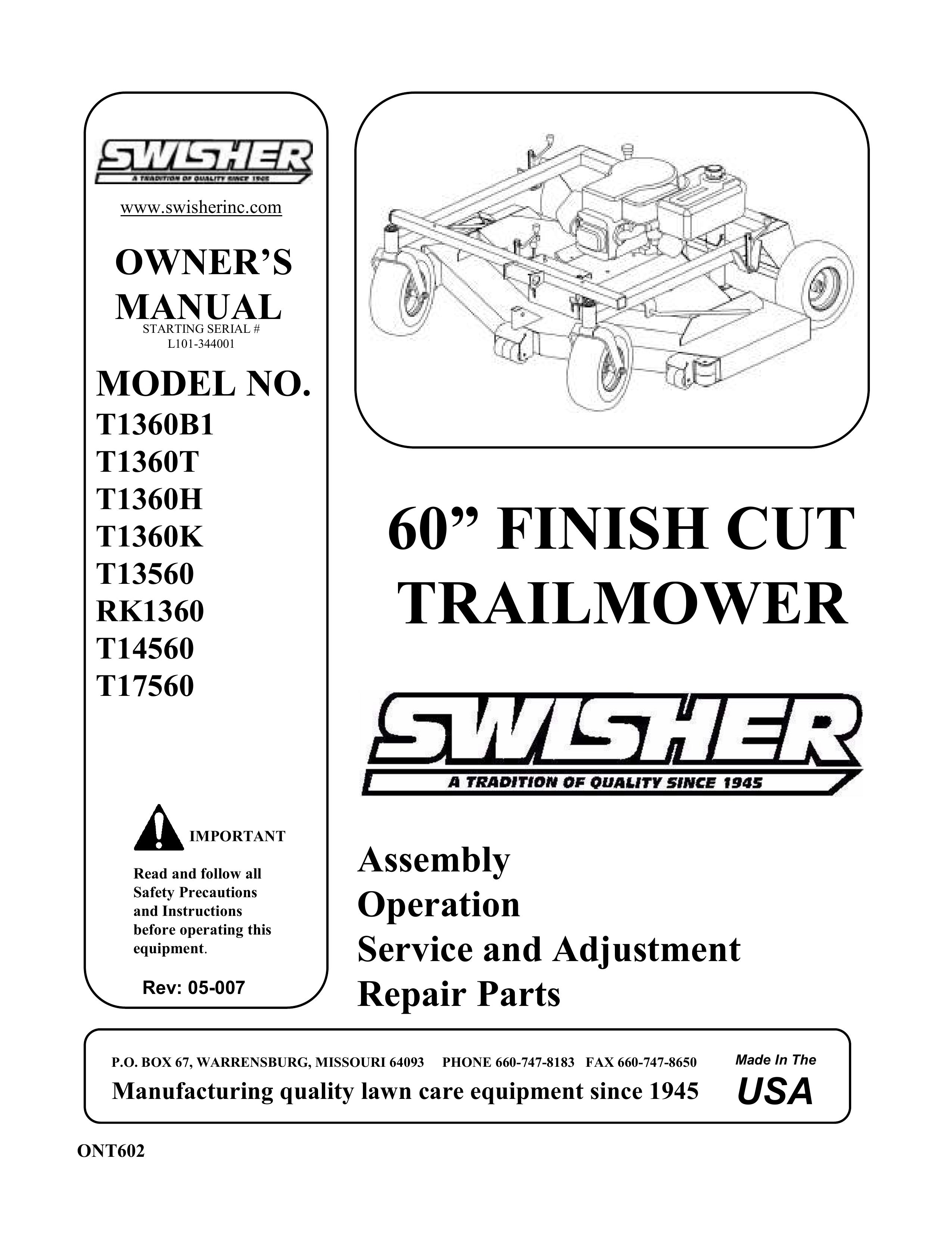 Swisher T1360T, T1360B1, T1360T, T1360H, T1360K, T13560, RK1360, T14560, T17560 Lawn Mower User Manual