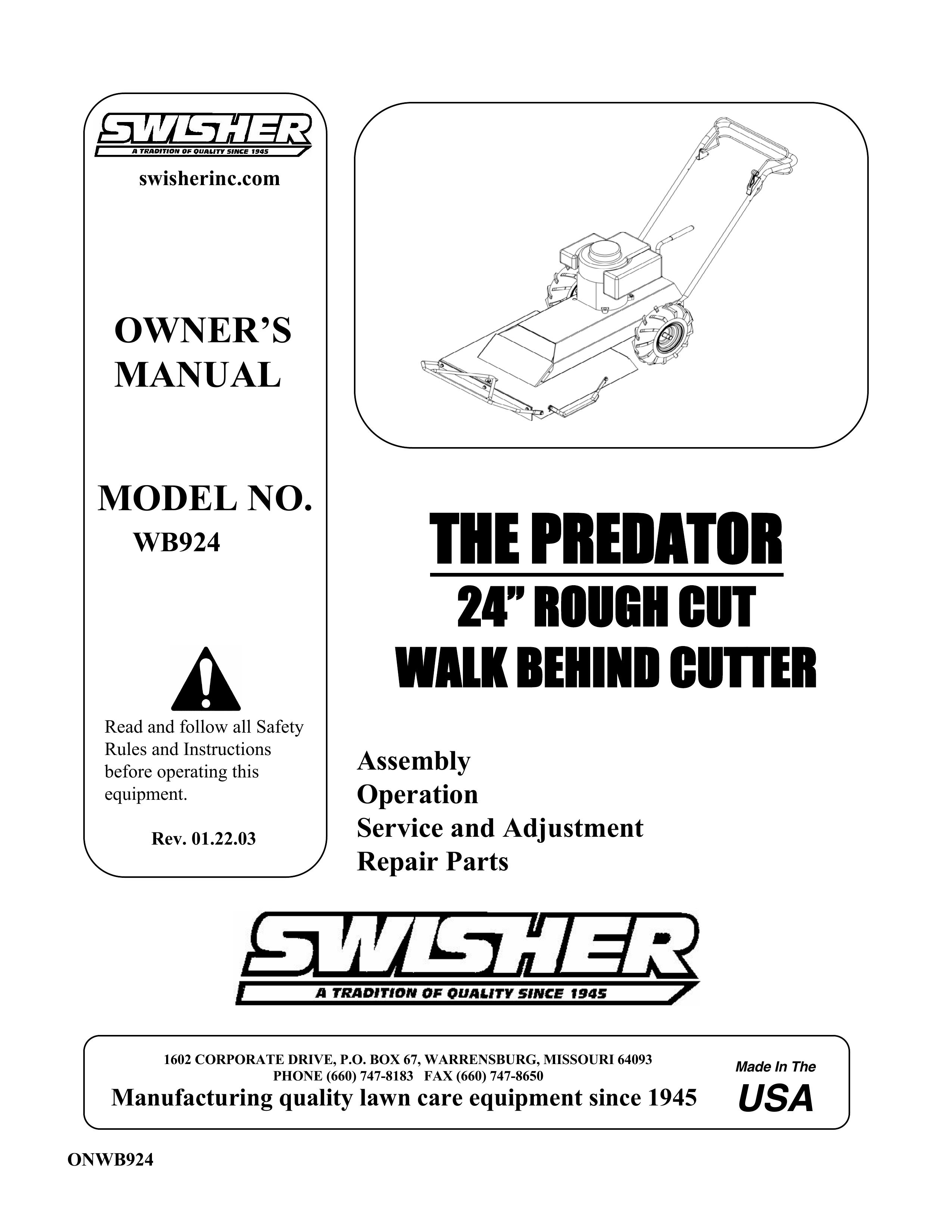 Swisher WB924 Lawn Mower User Manual