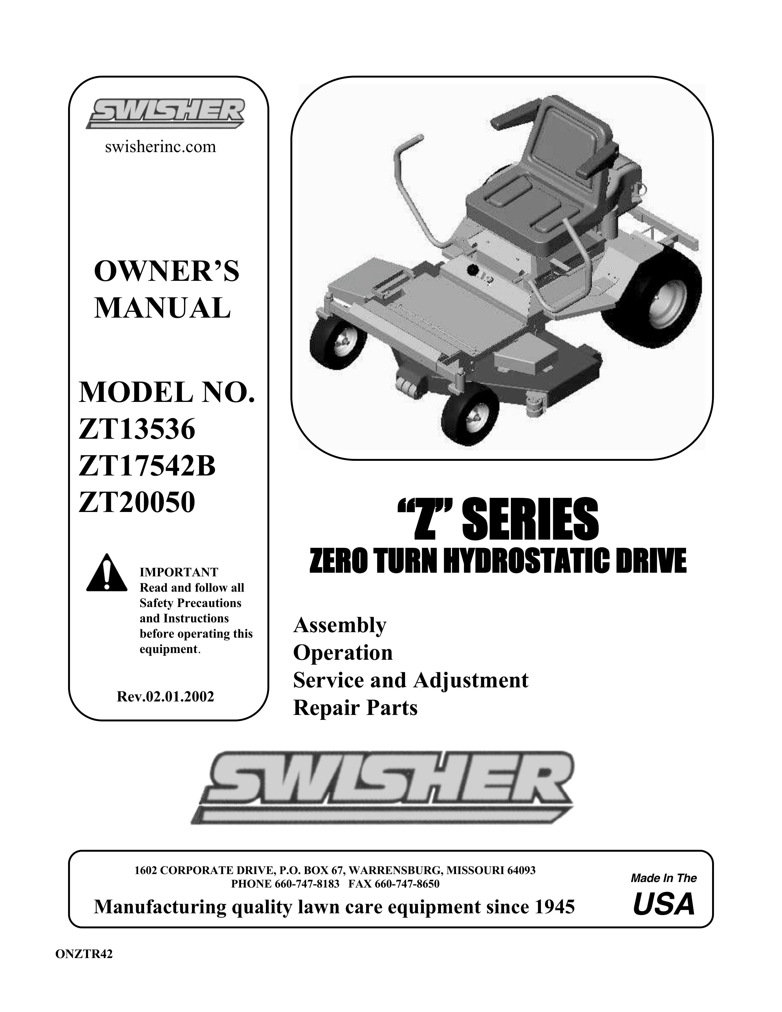 Swisher ZT13536, ZT17542B, ZT20050 Lawn Mower User Manual