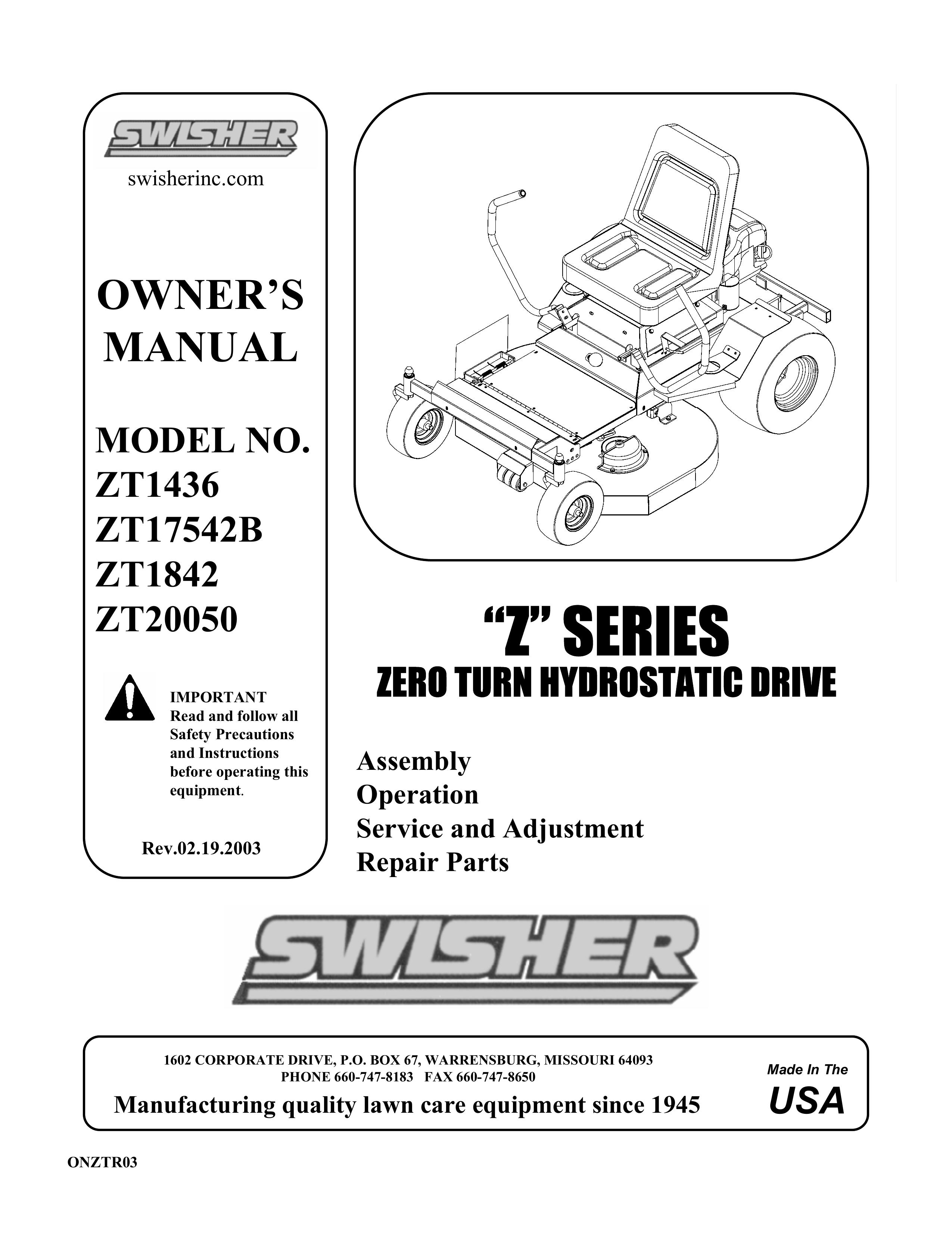 Swisher ZT1436, ZT17542B, ZT1842, ZT20050 Lawn Mower User Manual