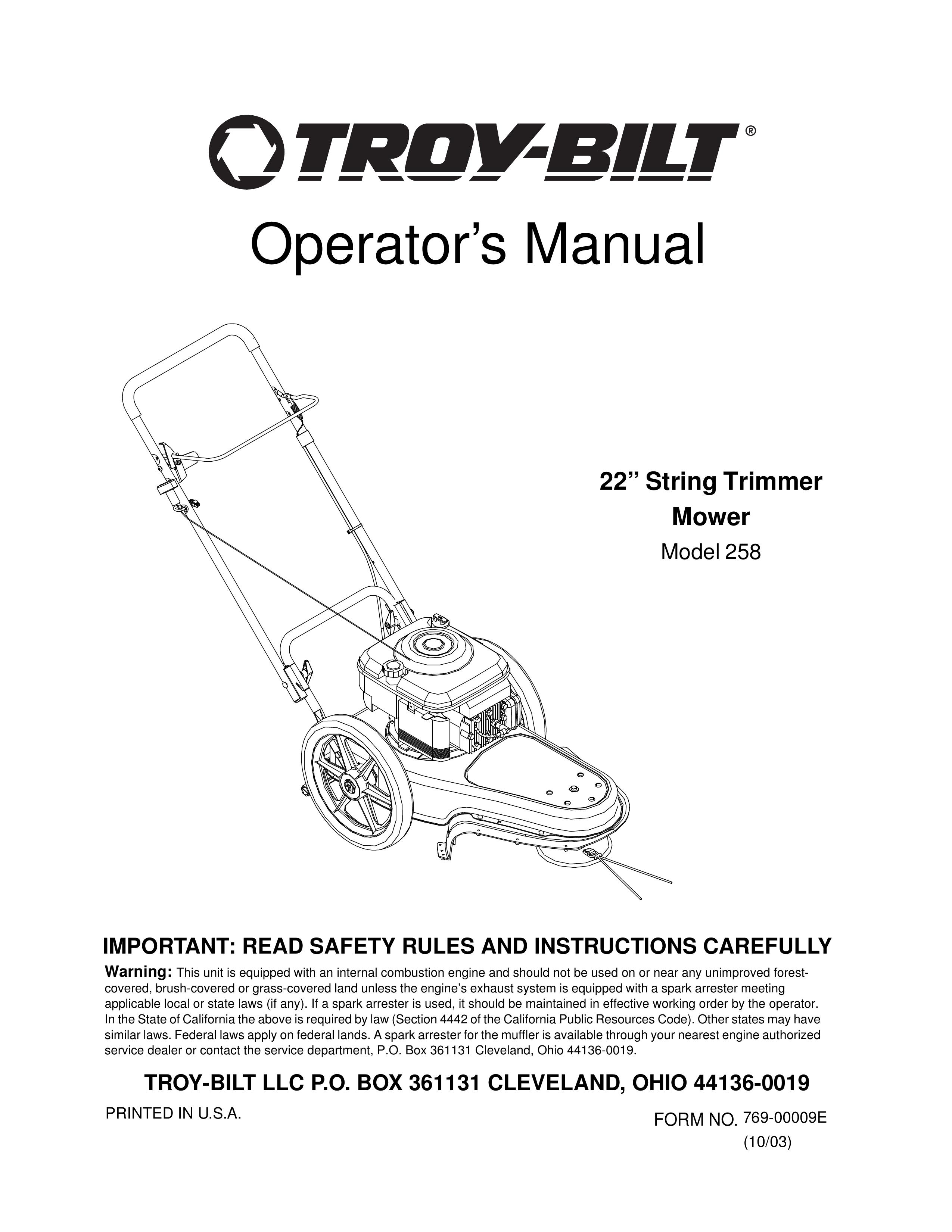 Troy-Bilt 258 Lawn Mower User Manual