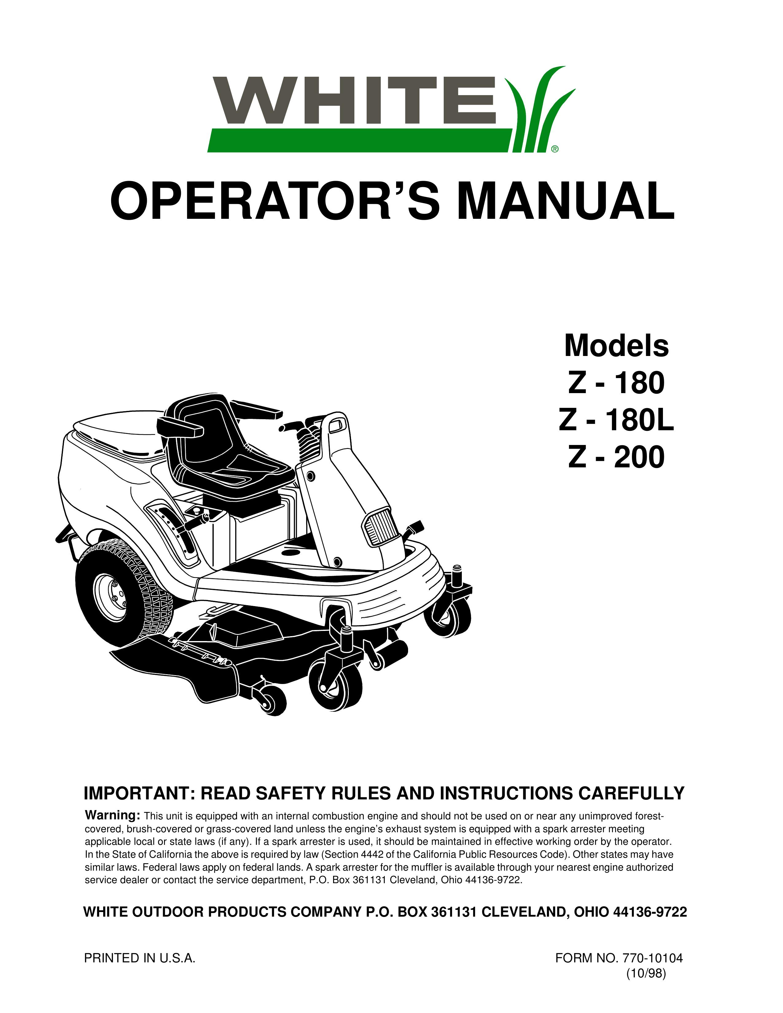 White Outdoor Z - 180, Z - 180L, Z - 200 Lawn Mower User Manual
