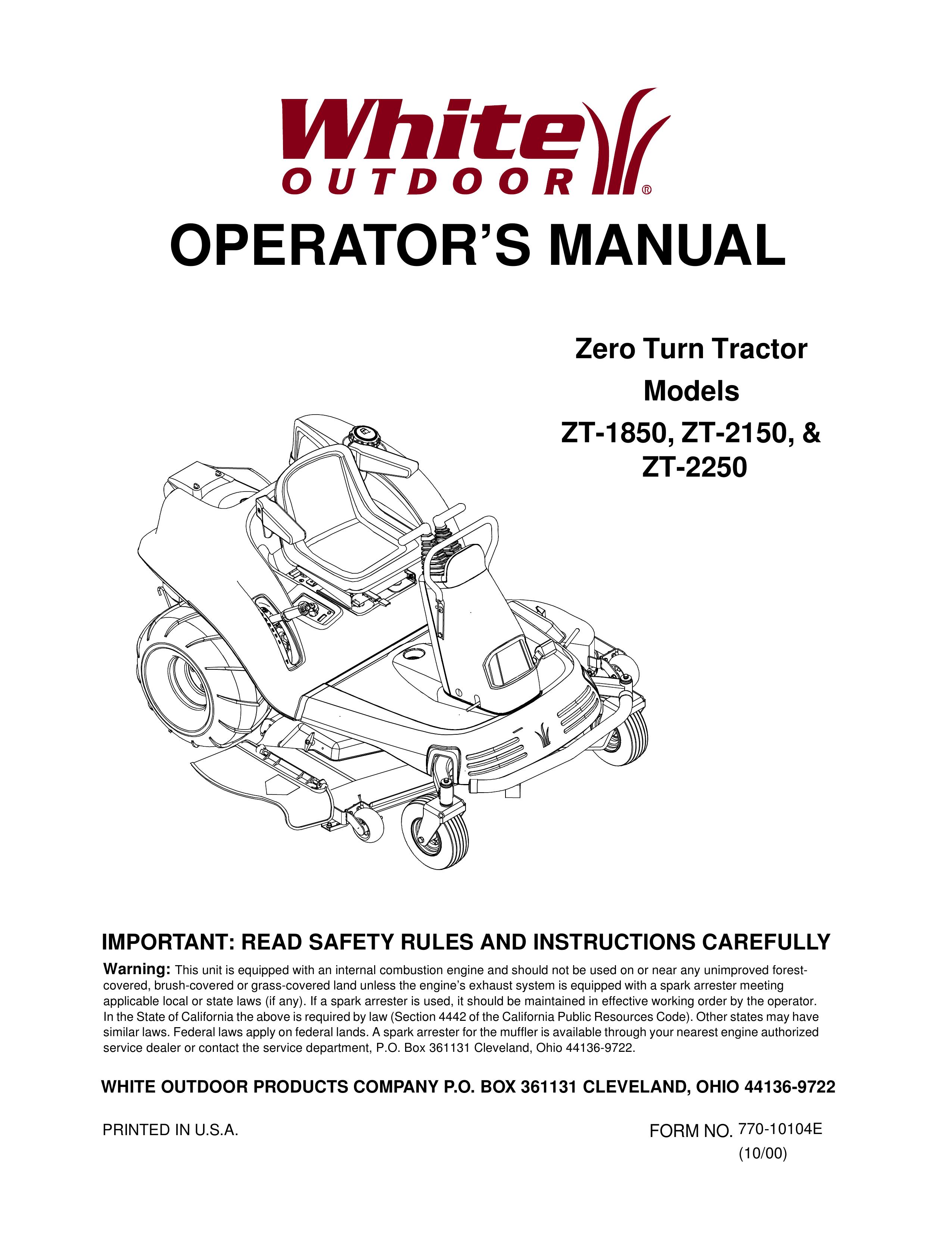 White Outdoor ZT-1850, ZT-2150, ZT-2250 Lawn Mower User Manual