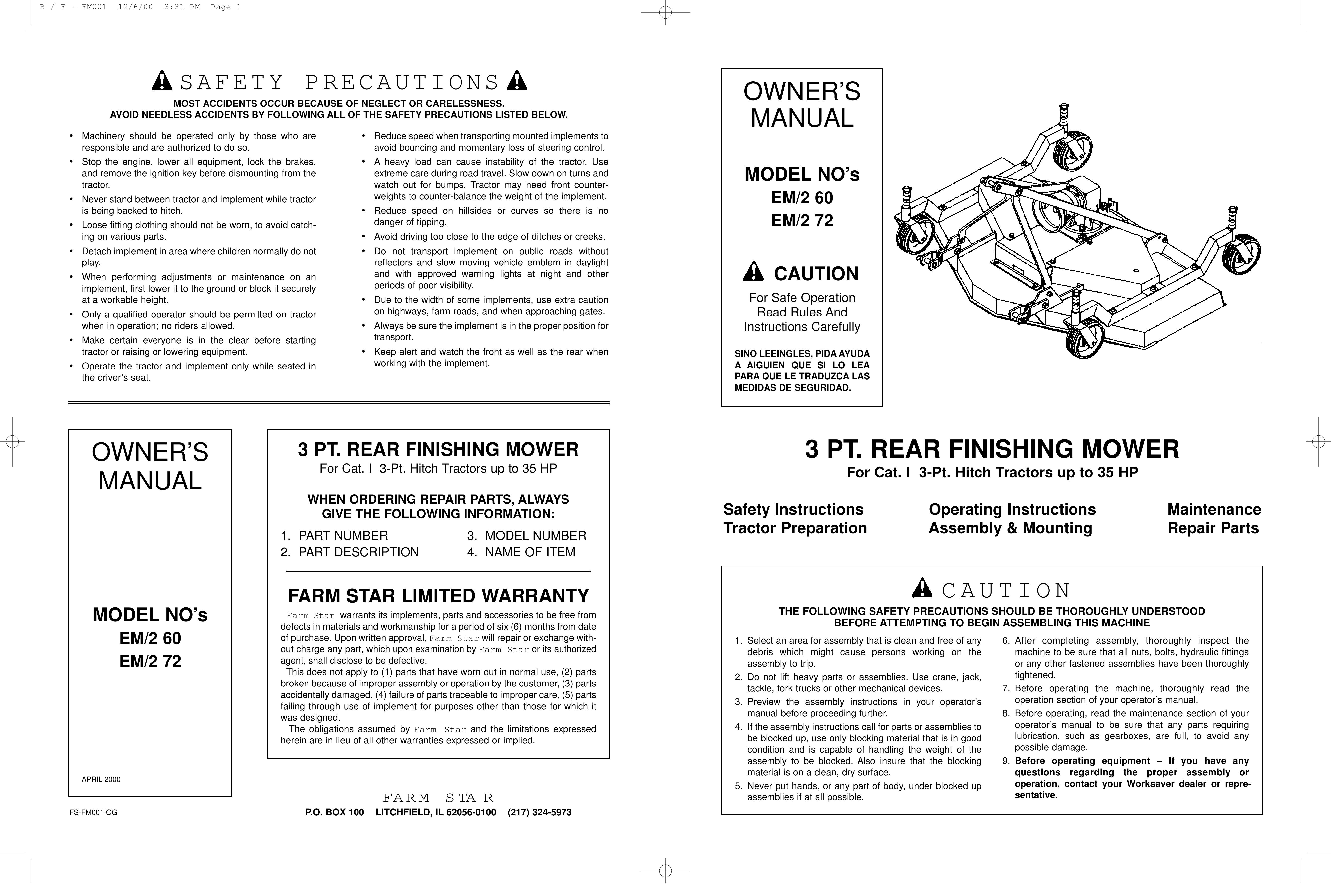 Worksaver EM/2 60, EM/2 72 Lawn Mower User Manual
