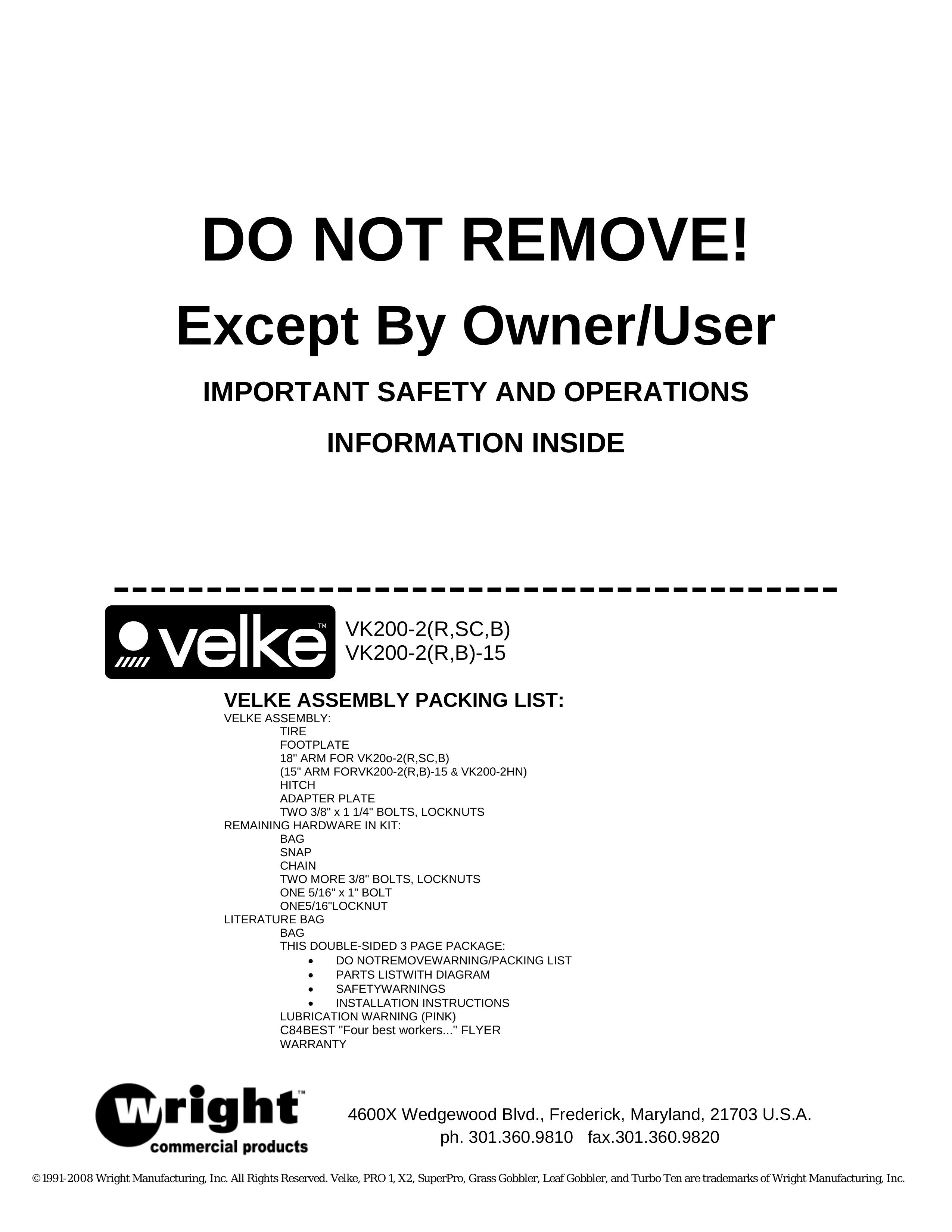 Wright Manufacturing VK200-2 Lawn Mower User Manual