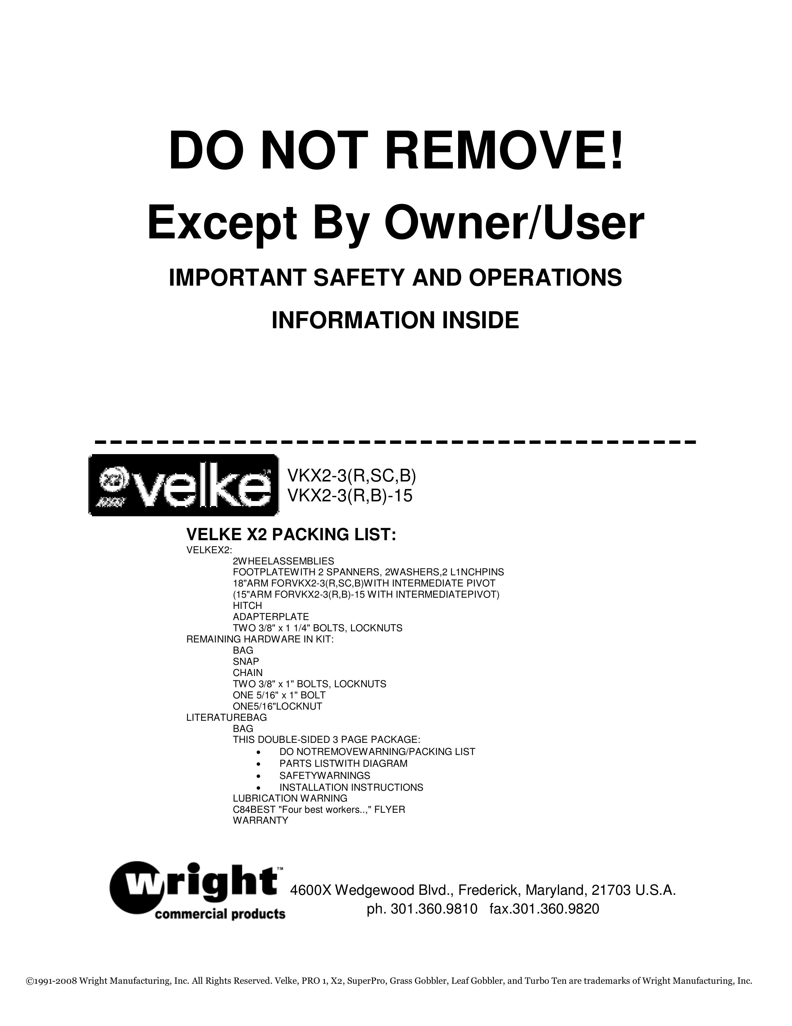 Wright Manufacturing VKX2-3(R Lawn Mower User Manual