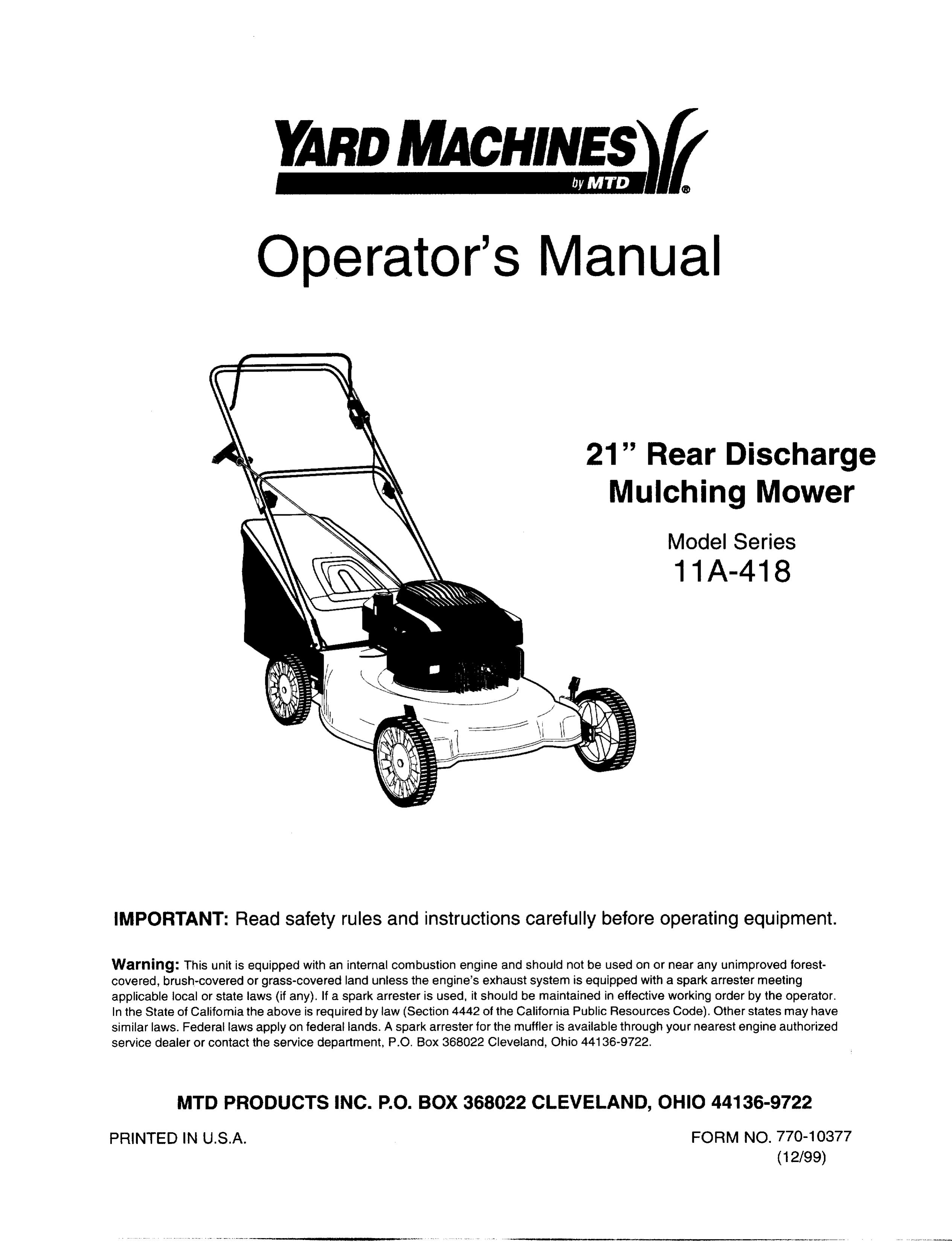 Yard Machines 11A-418 Lawn Mower User Manual