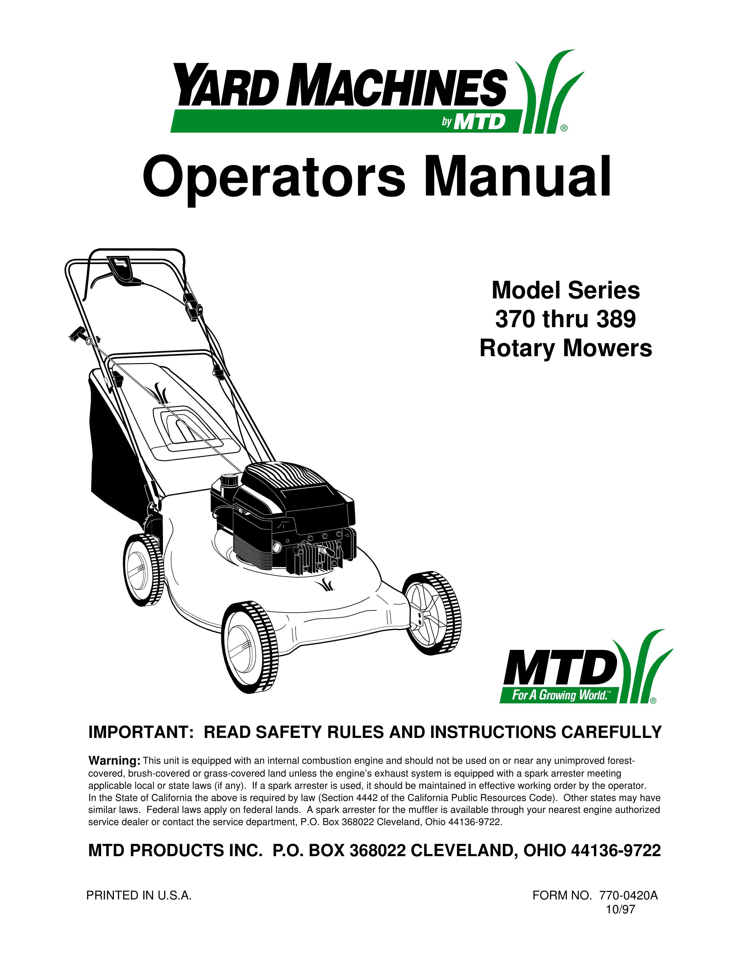 Yard Machines 389 Lawn Mower User Manual