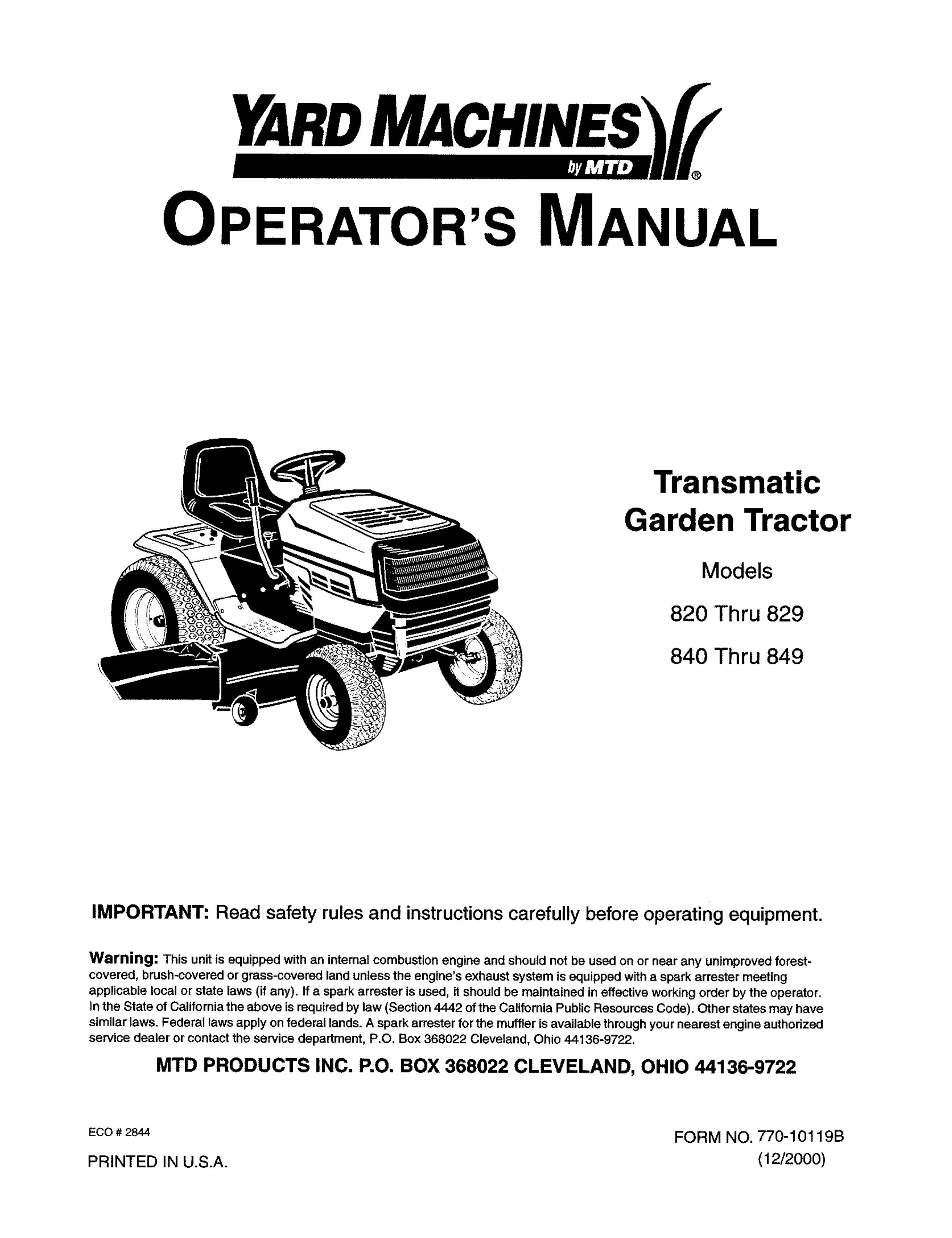 Yard Machines 820 Thru 829 Lawn Mower User Manual
