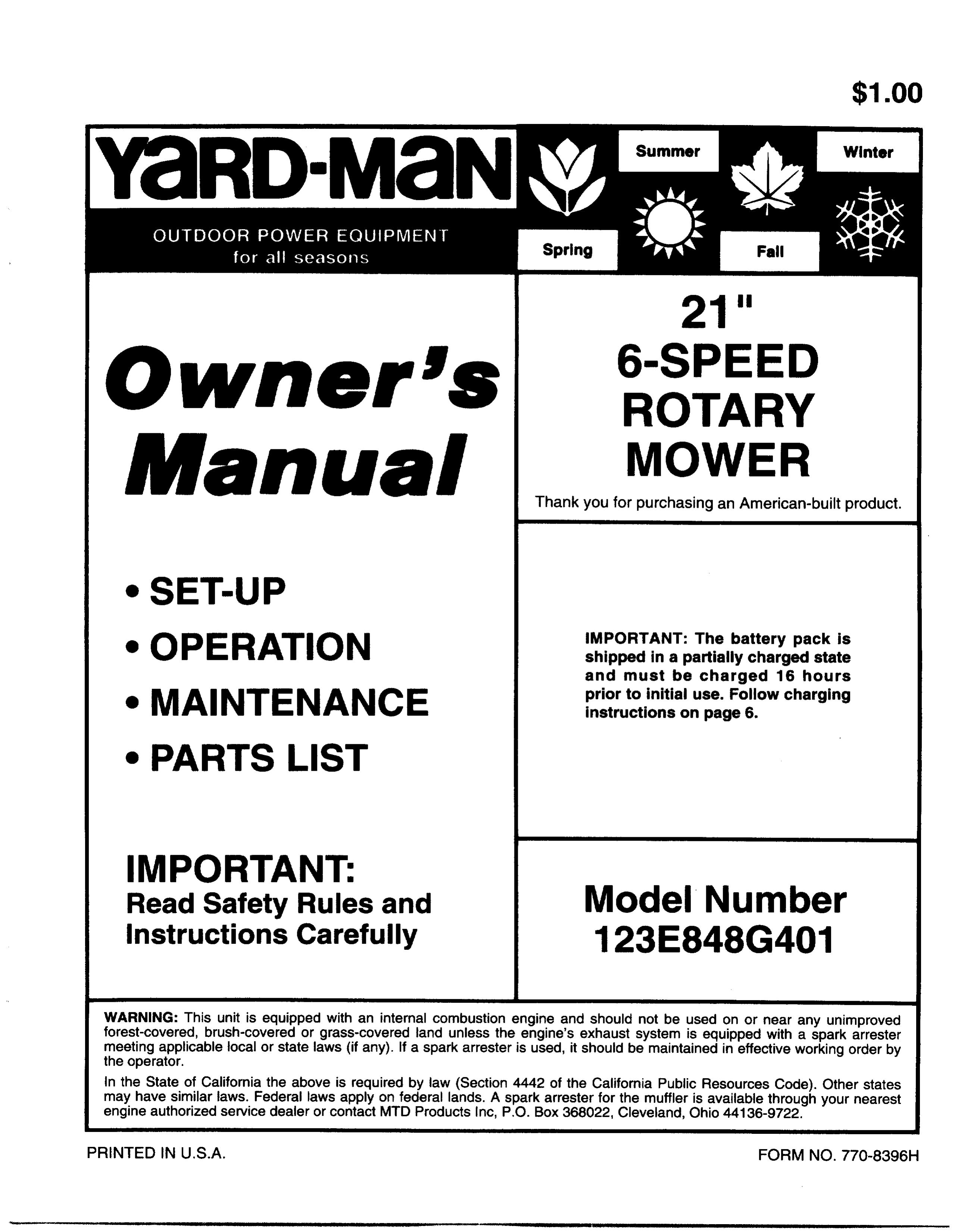Yard-Man 123E848G401 Lawn Mower User Manual