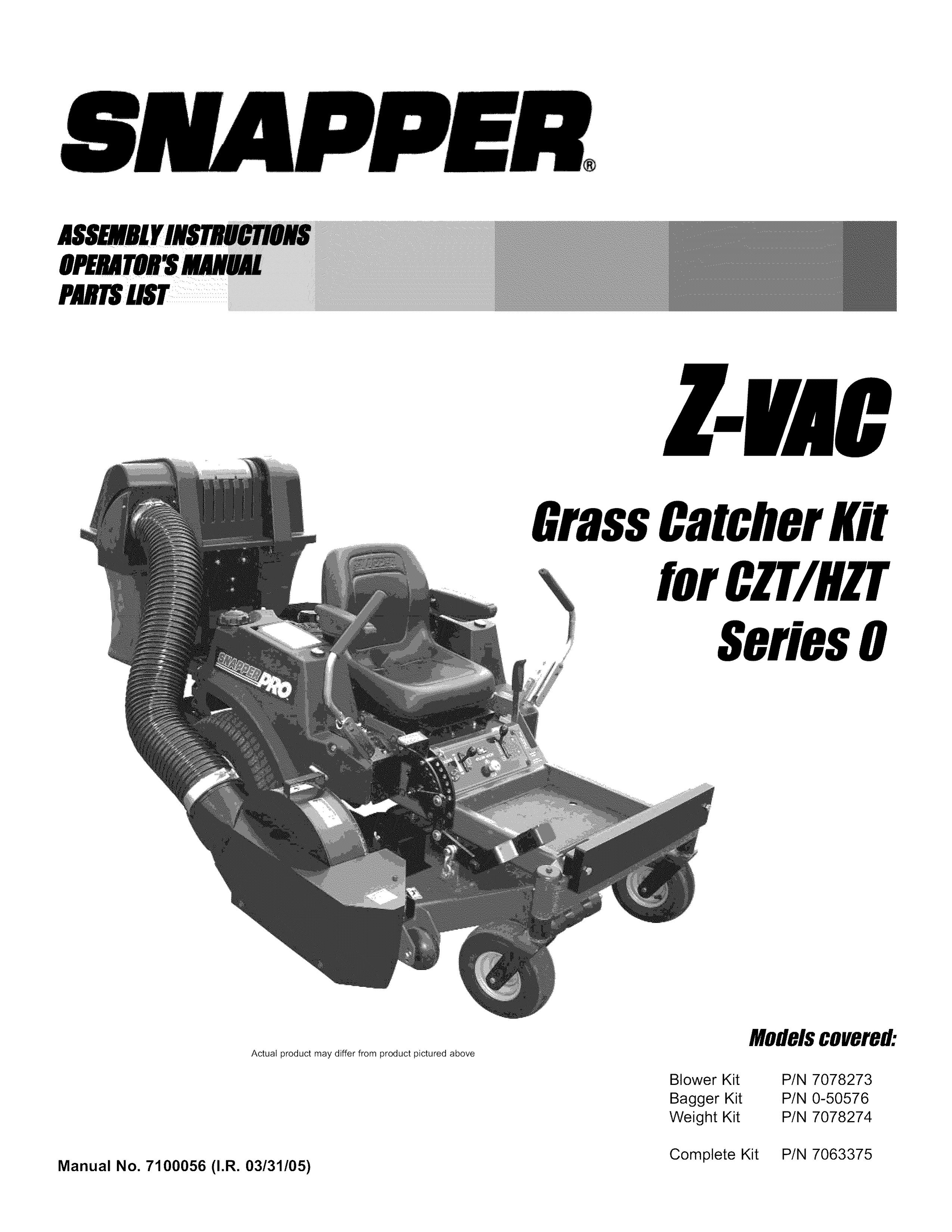 Snapper P/N 7078273 Lawn Mower Accessory User Manual