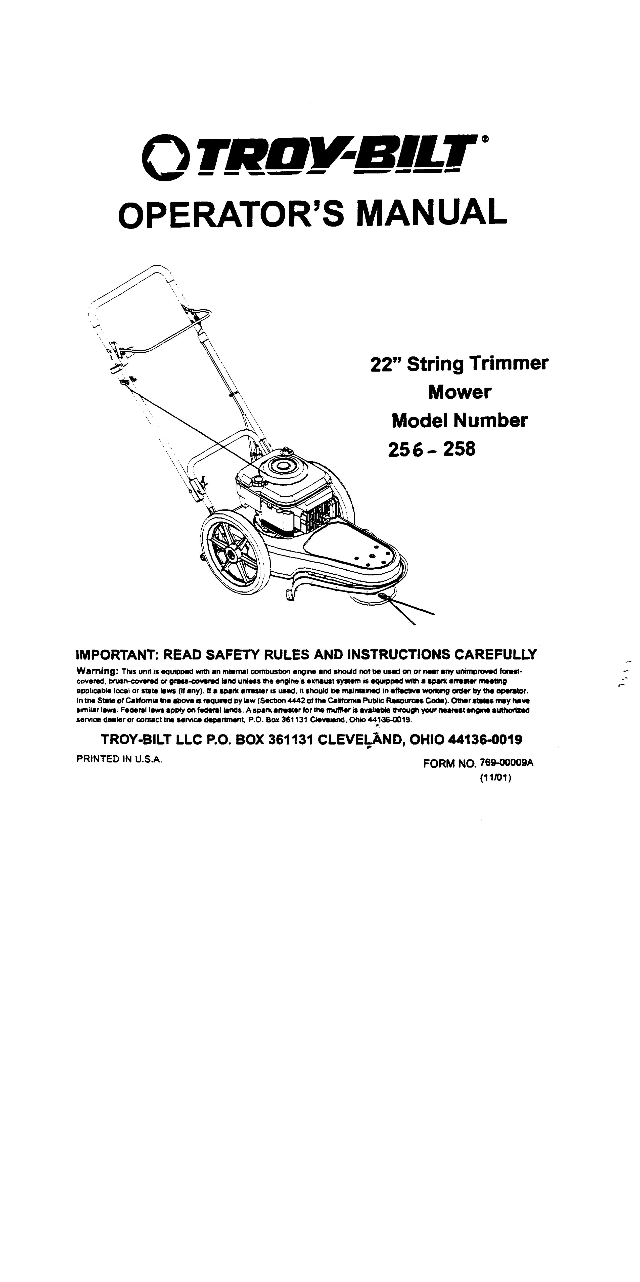 Troy-Bilt 258 Lawn Mower Accessory User Manual
