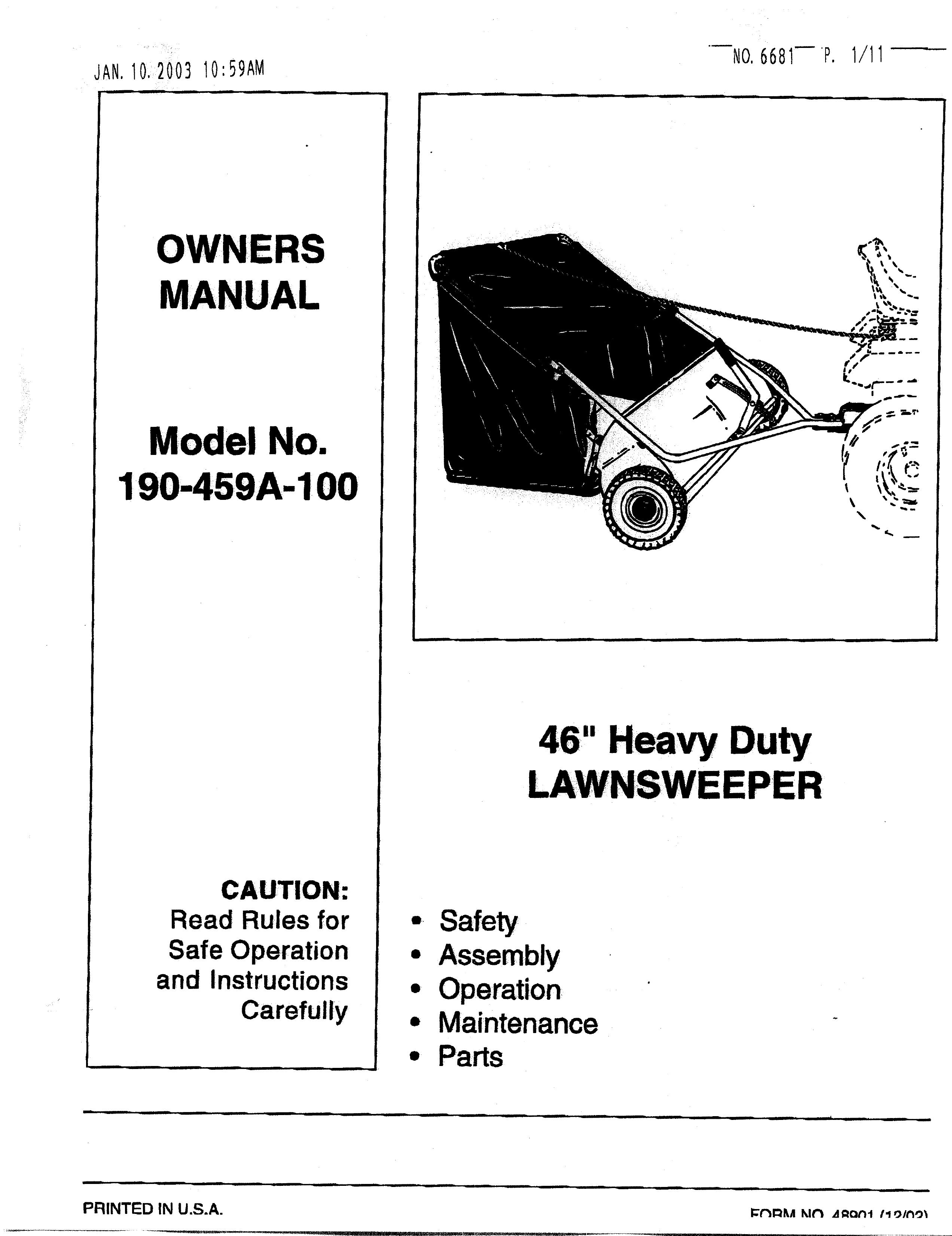 MTD 190-459A-100 Lawn Sweeper User Manual