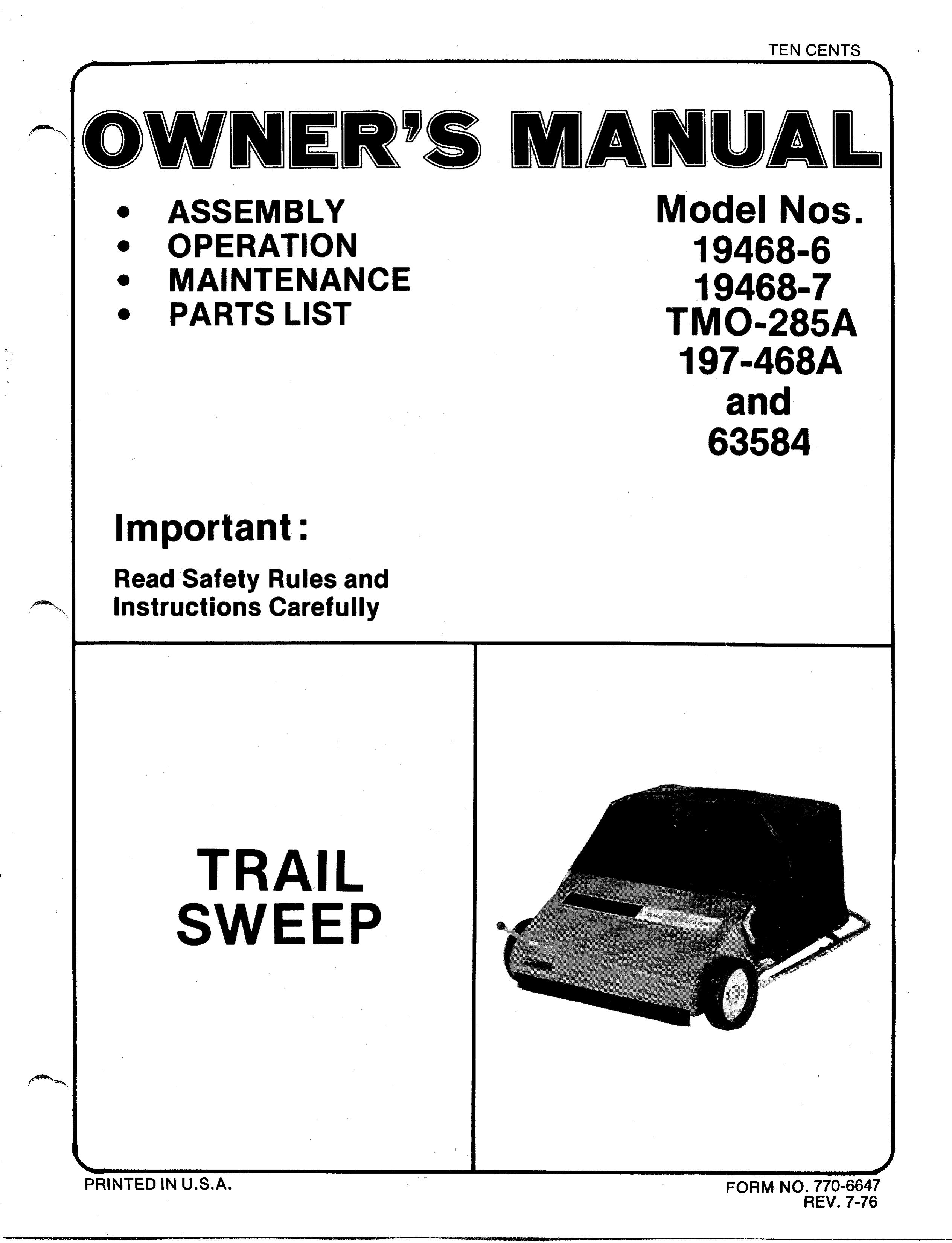 MTD TMO-285A Lawn Sweeper User Manual