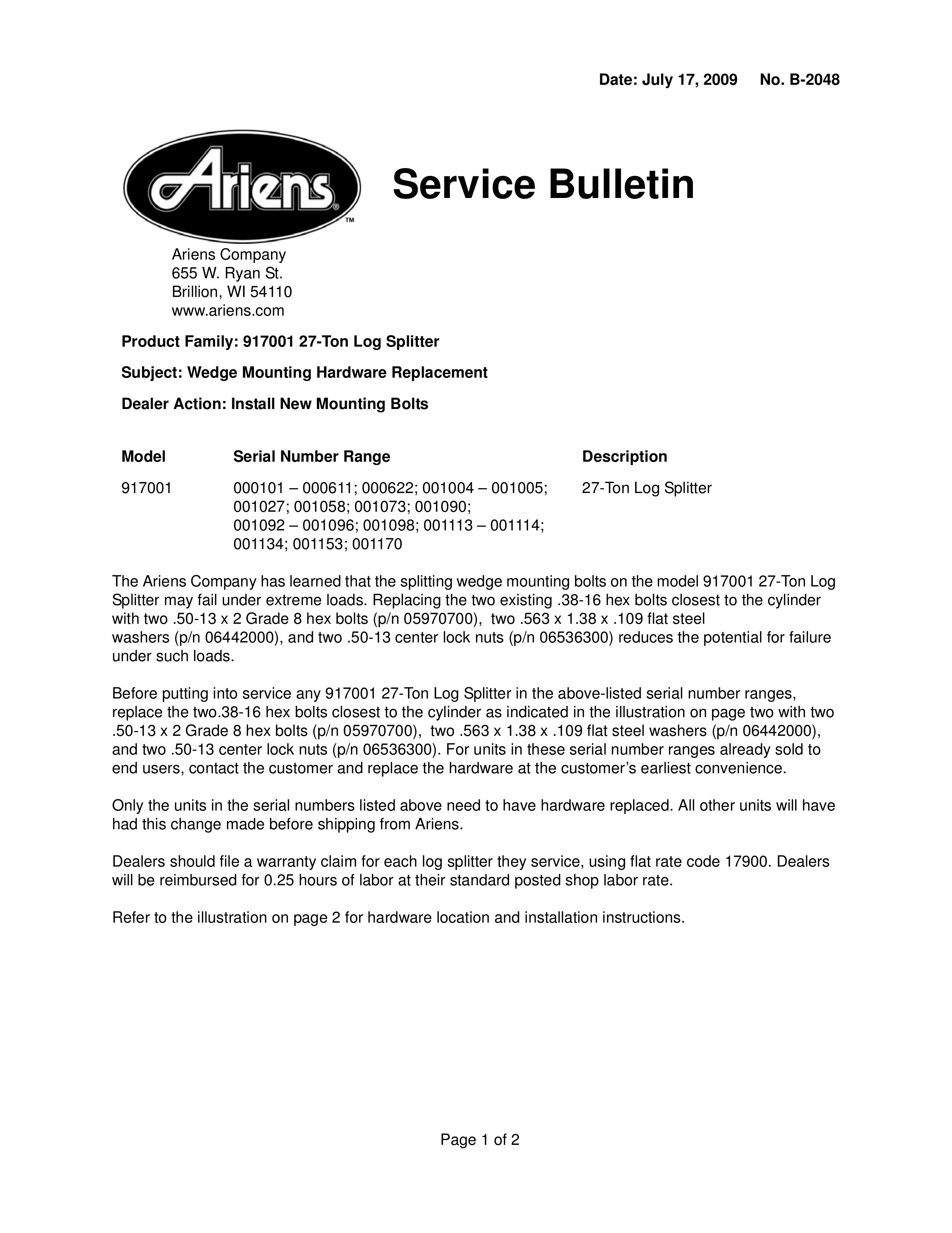 Ariens 917001 Log Splitter User Manual