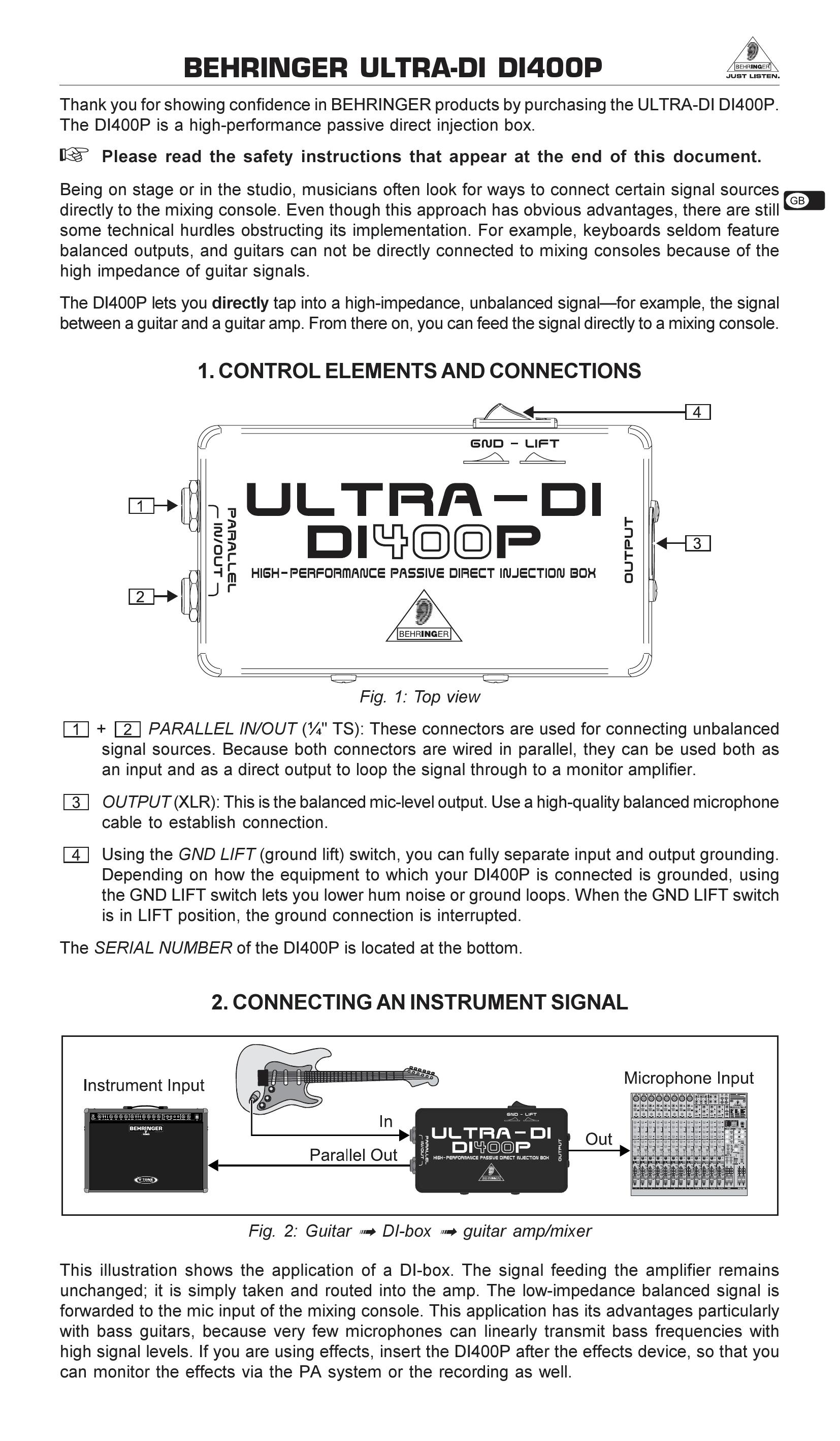 Behringer DI400P Log Splitter User Manual