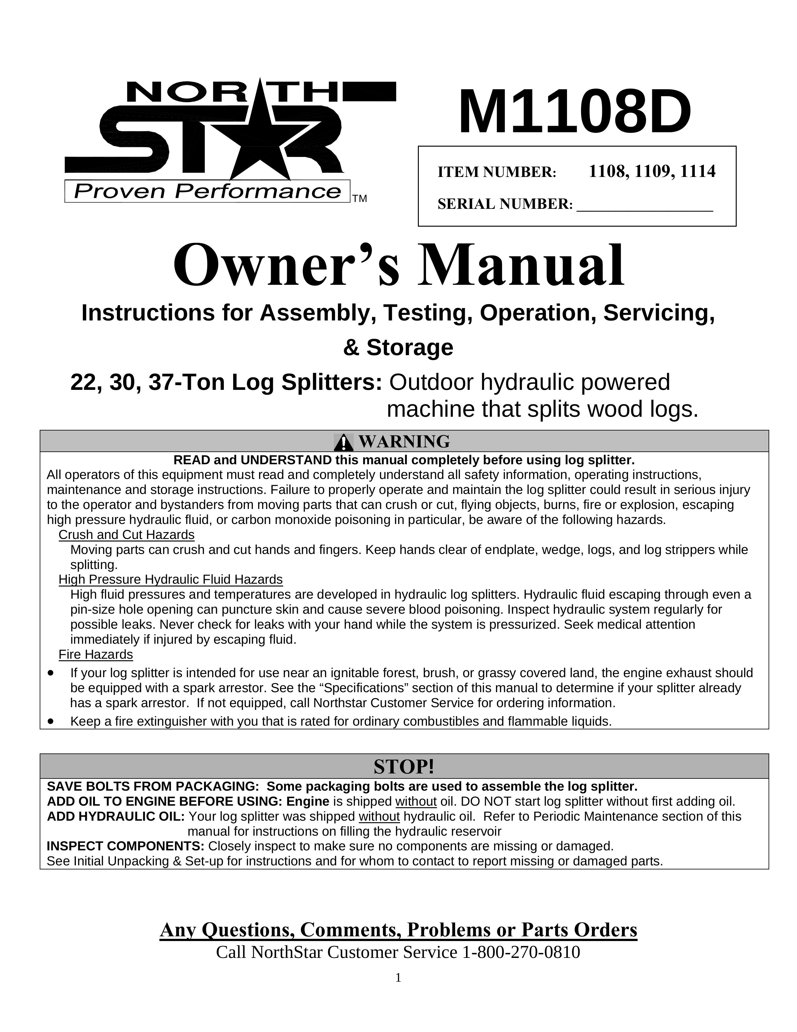 North Star M1108D Log Splitter User Manual
