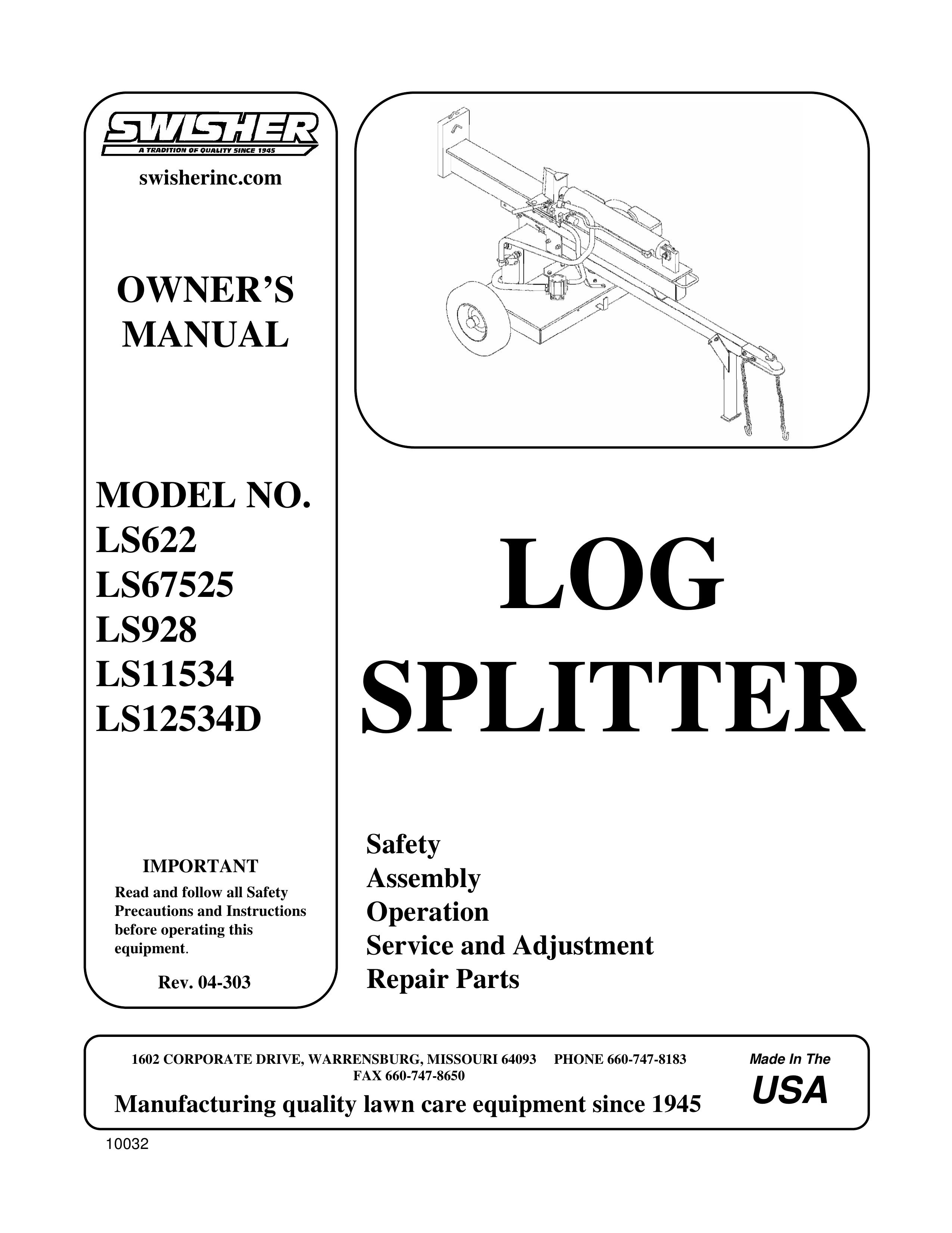 Swisher LS12534D, LS622, LS57525, LS928, LS11534 Log Splitter User Manual