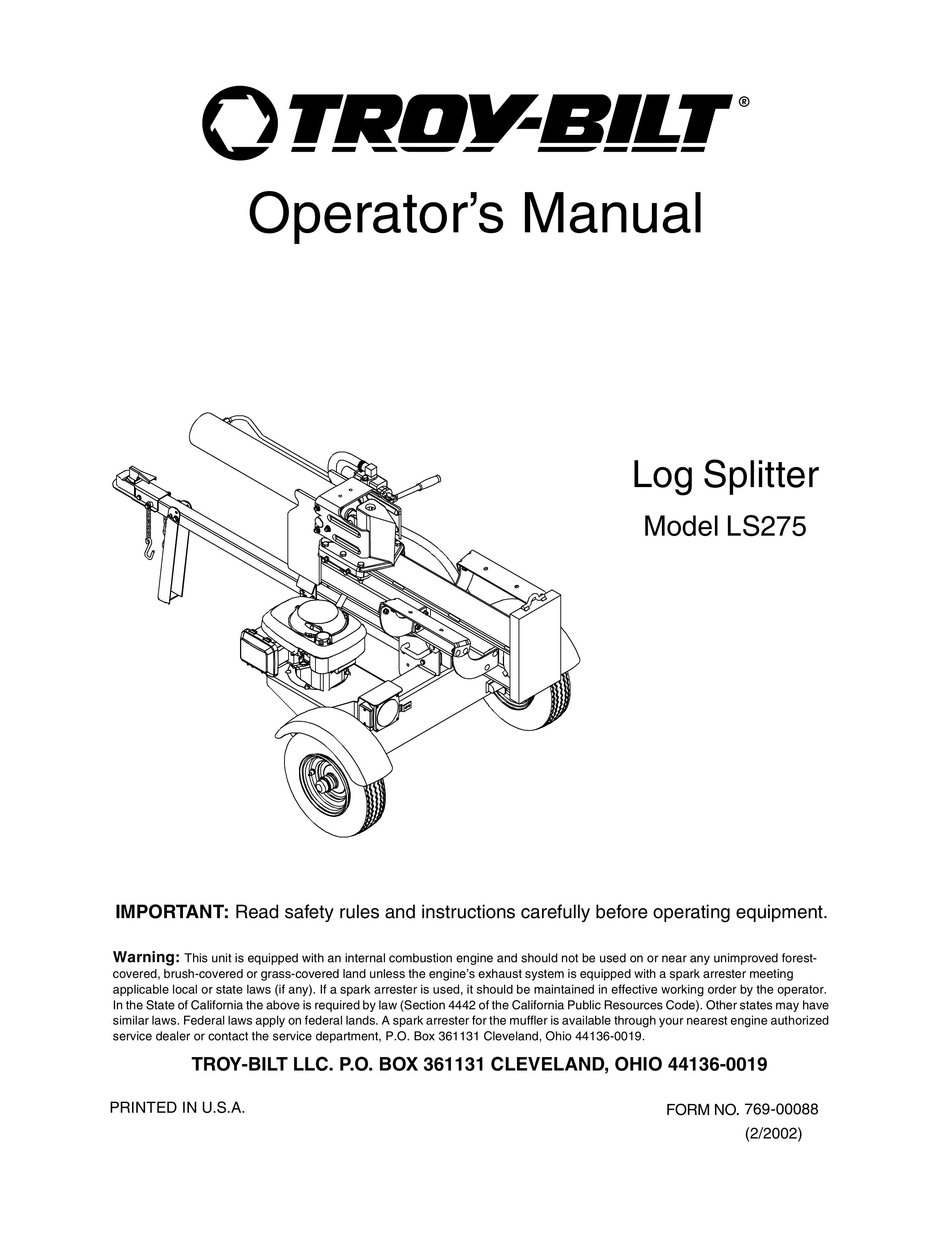 Troy-Bilt LS275 Log Splitter User Manual