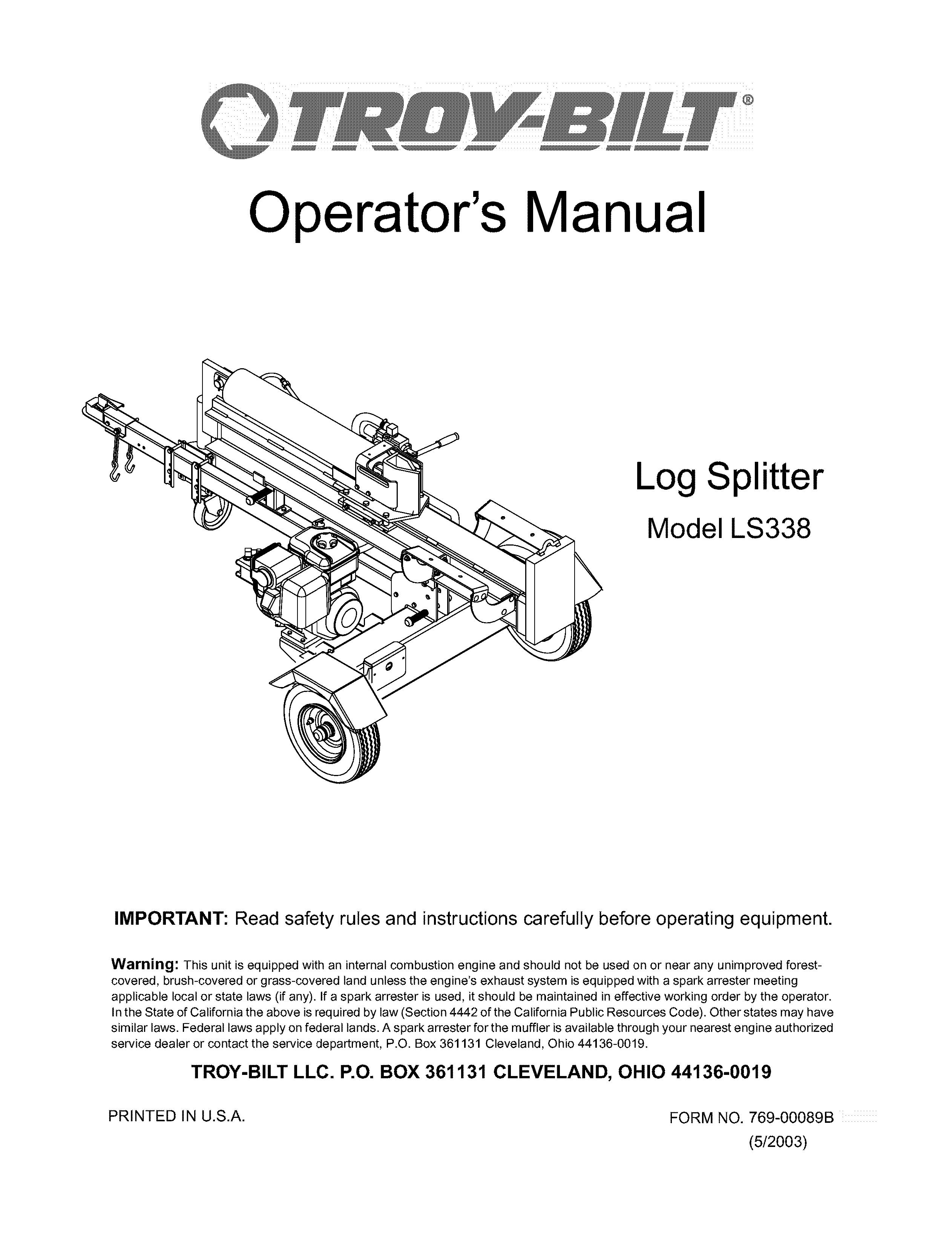 Troy-Bilt LS338 Log Splitter User Manual