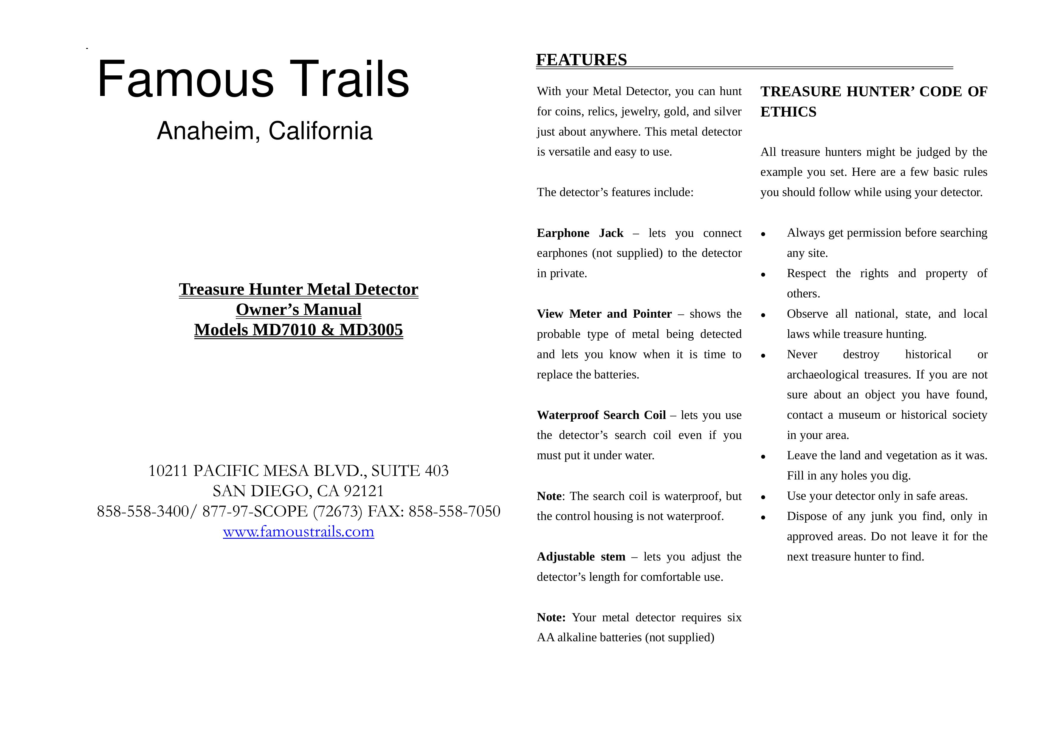 Famous Trails MD3005 Metal Detector User Manual