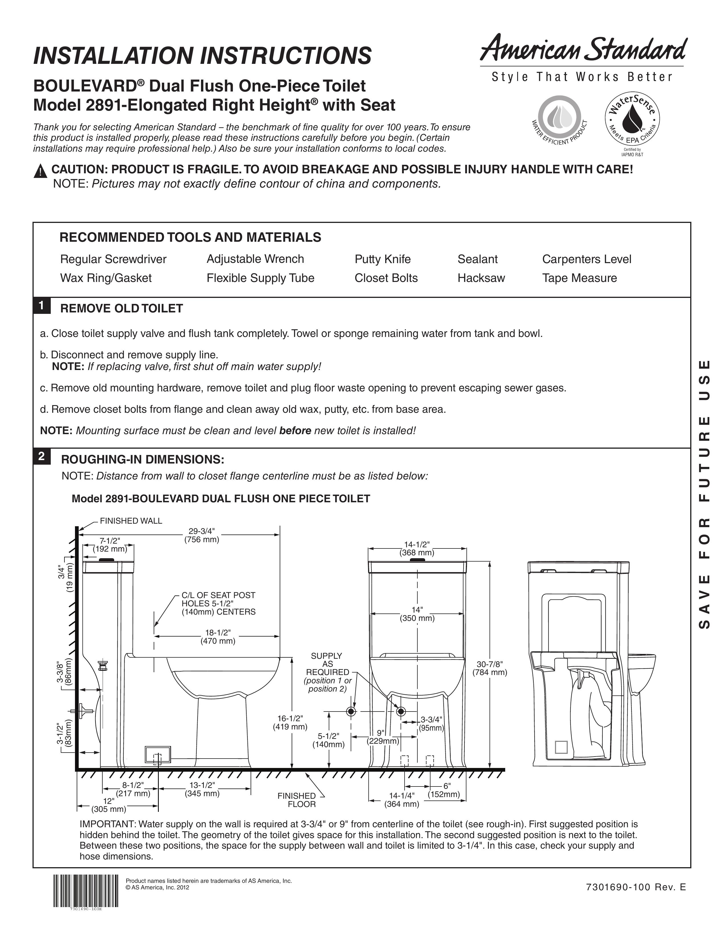 American Standard BOULEVARD Dual Flush One-Piece Toilet Multi-tool User Manual
