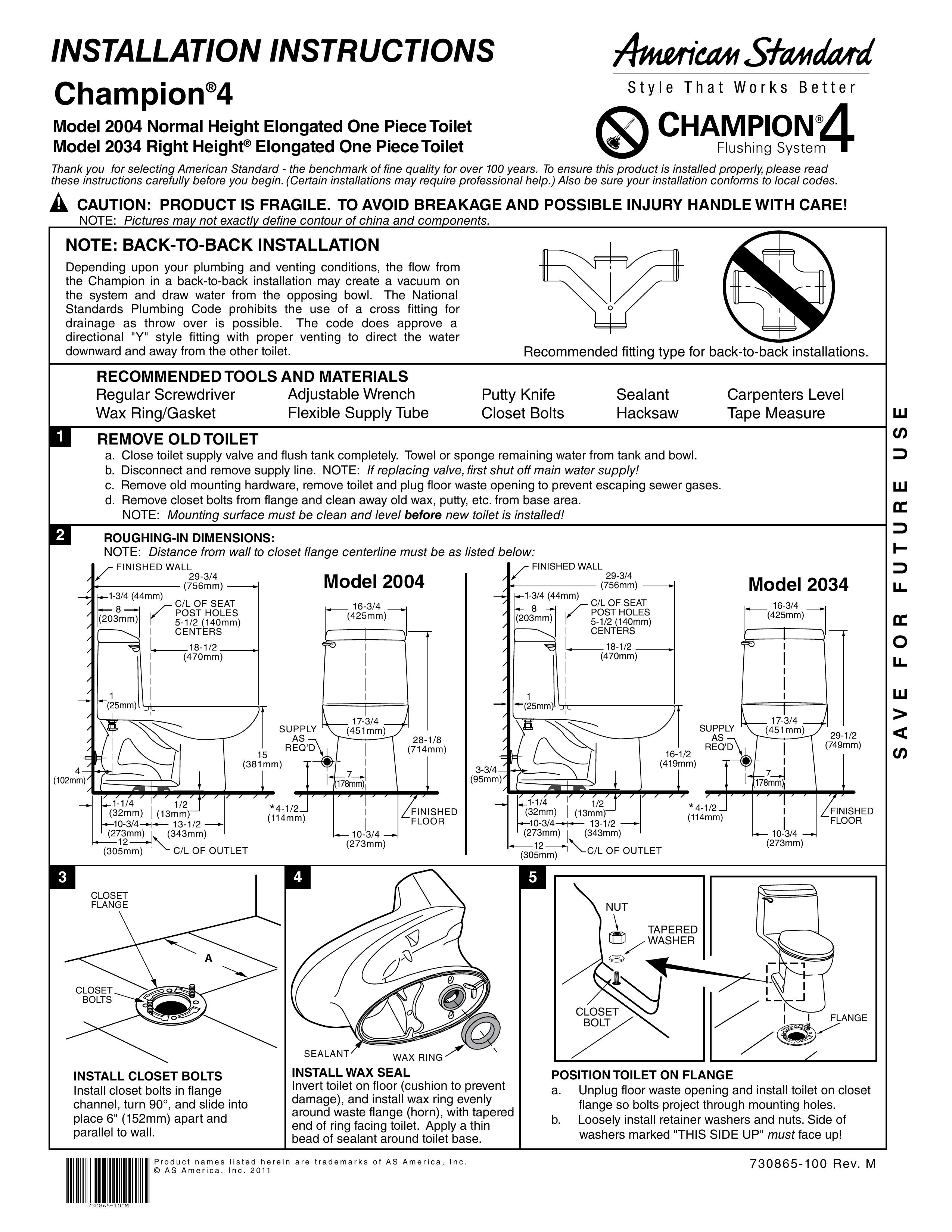 American Standard Normal Height Elongated One Piece Toilet, Right Height Elongated One Piece Toilet Multi-tool User Manual