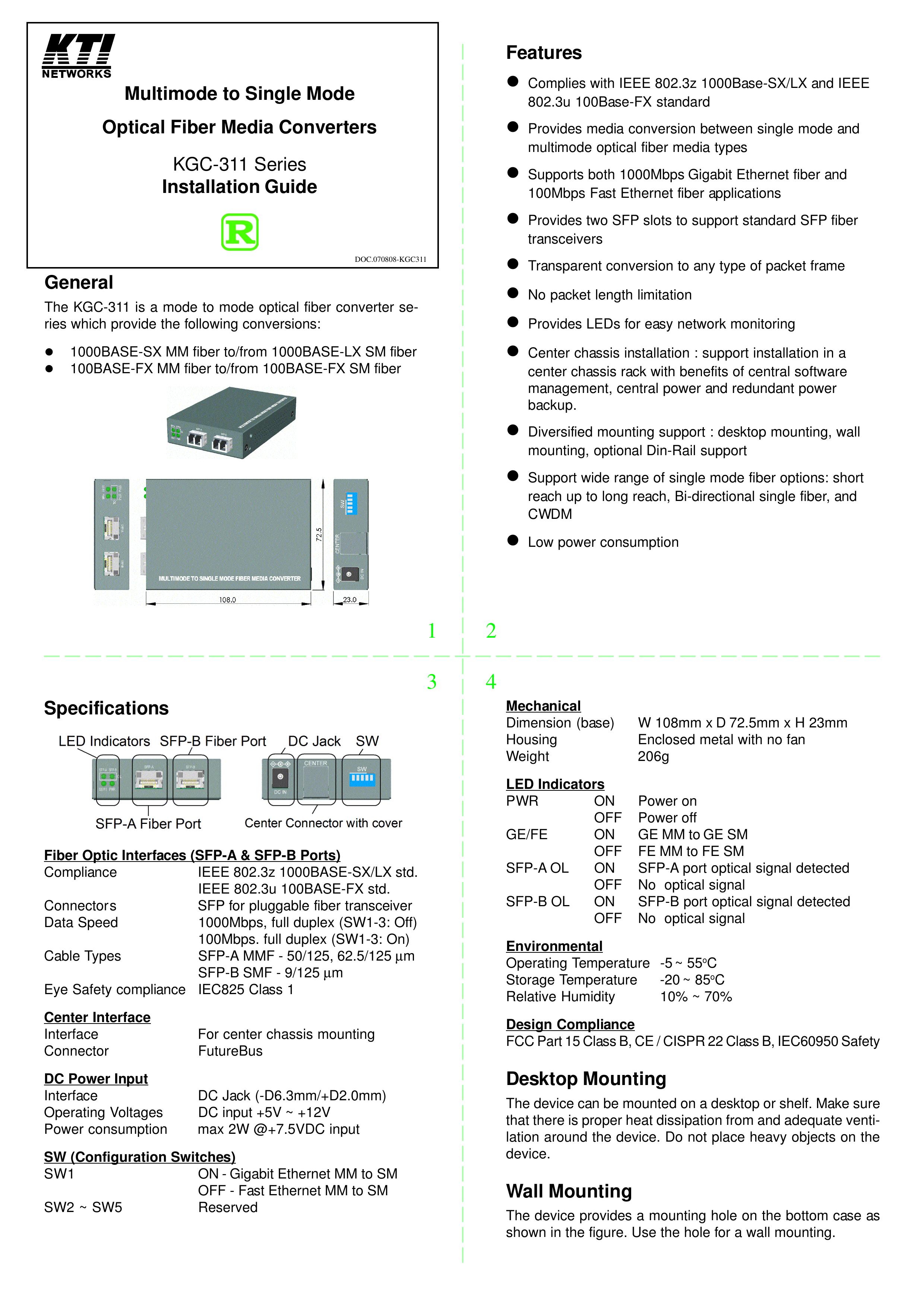 KTI Networks Multimode to Single Mode Optical Fiber Media Converter Multi-tool User Manual