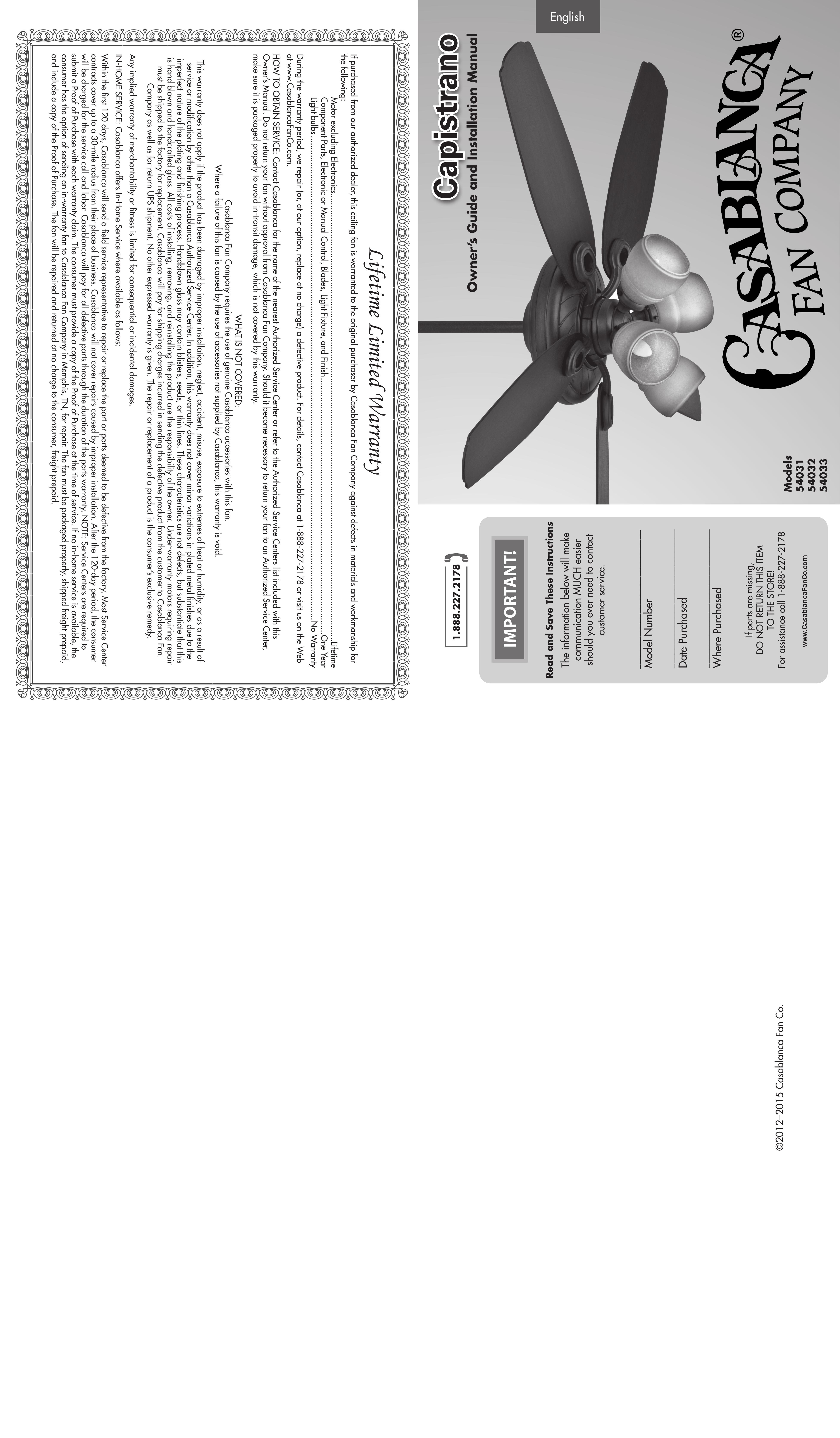 Casablanca Fan Company 54033 Outdoor Ceiling Fan User Manual