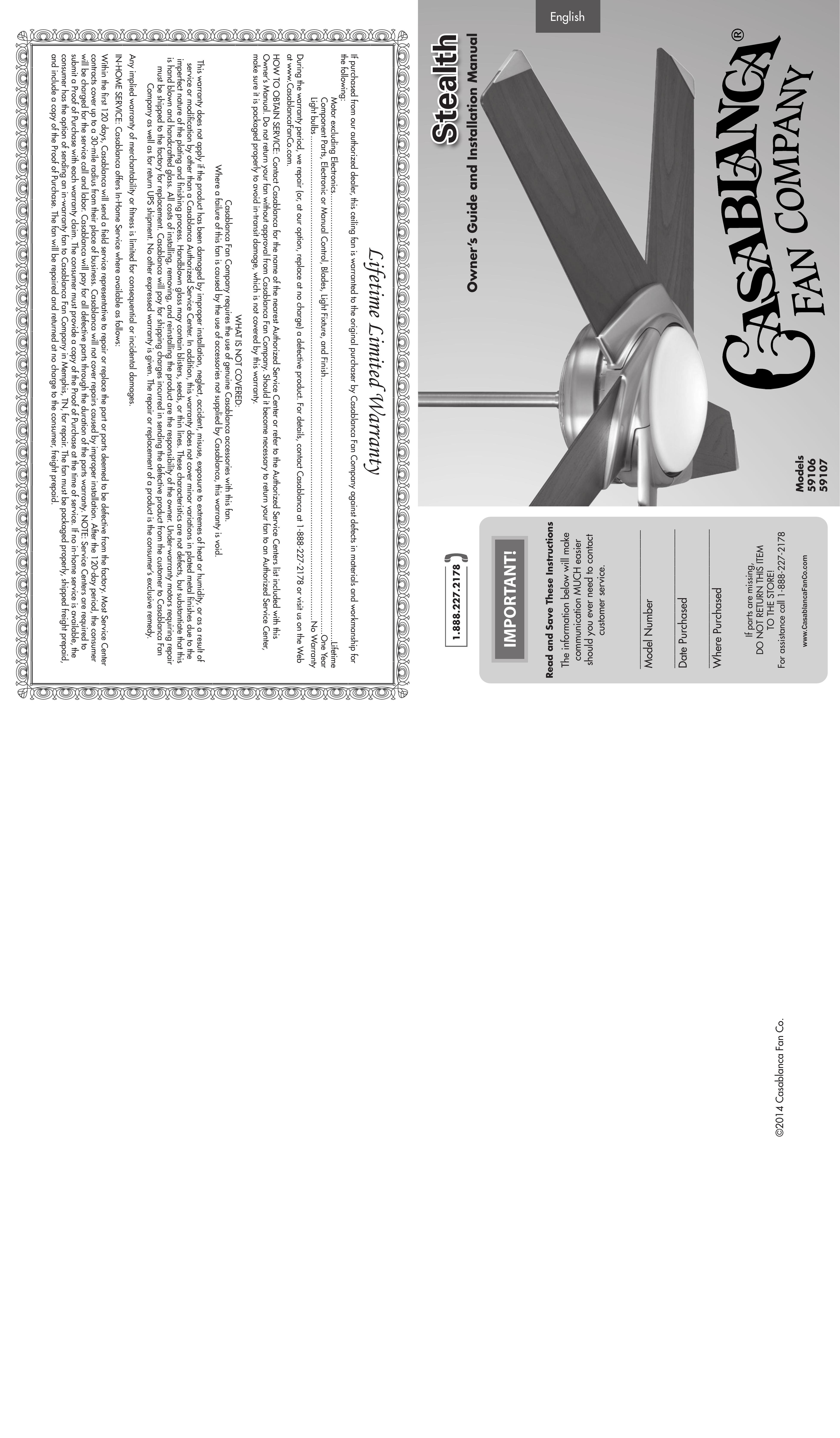 Casablanca Fan Company 59106 59107 Outdoor Ceiling Fan User Manual
