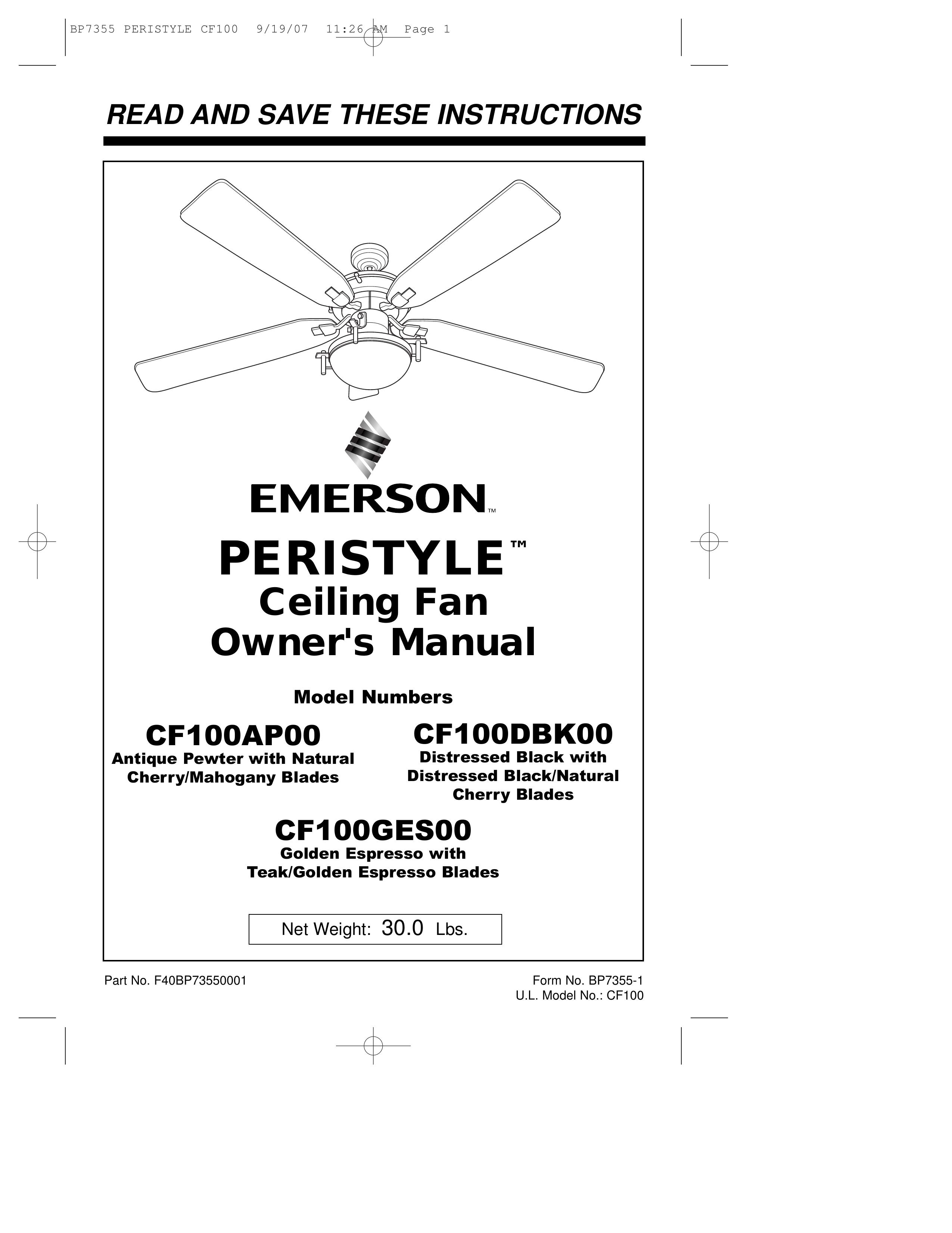 Emerson CF100DBK00 Outdoor Ceiling Fan User Manual