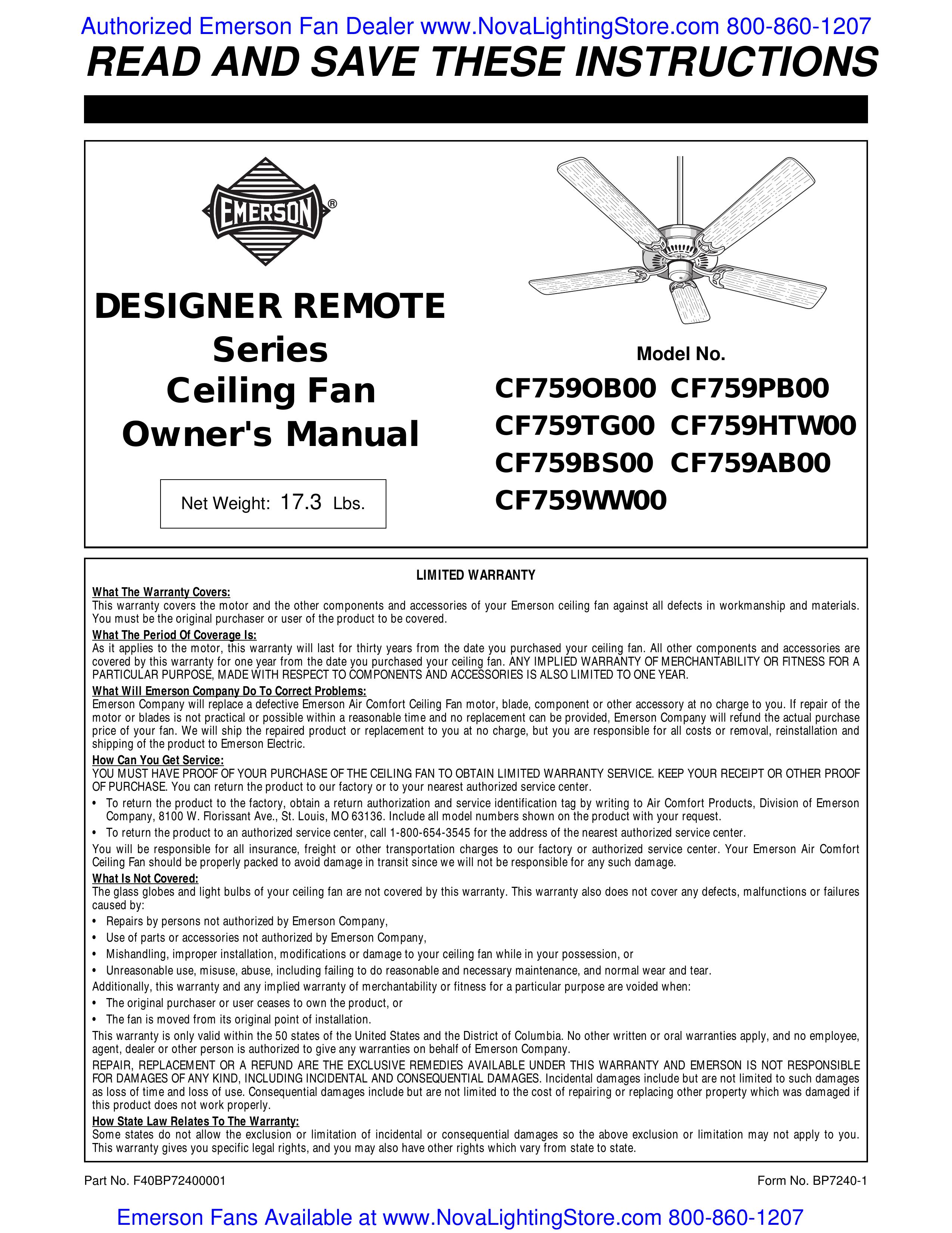 Emerson CF759OB00 Outdoor Ceiling Fan User Manual