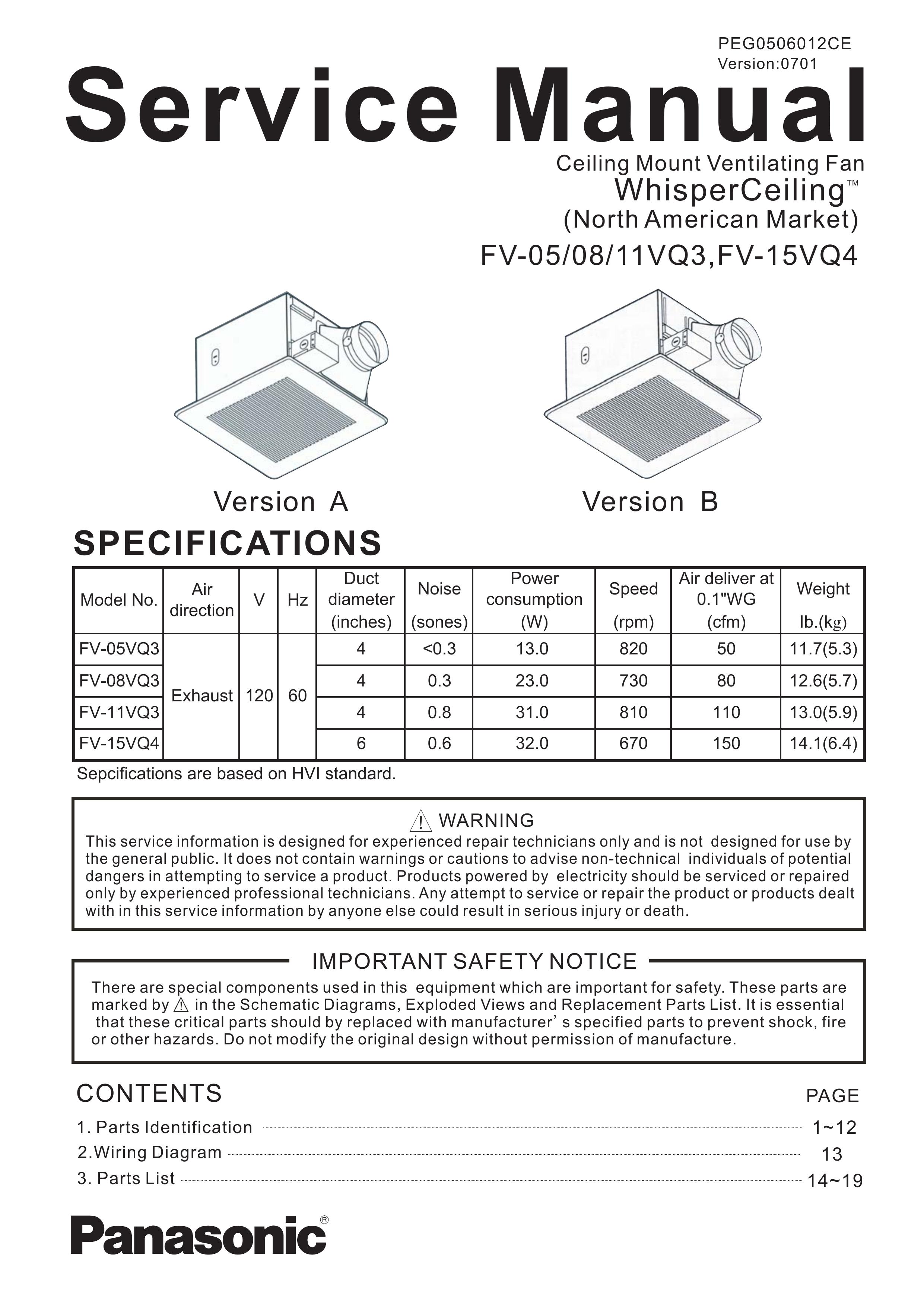 Panasonic FV-05VQ3 Outdoor Ceiling Fan User Manual