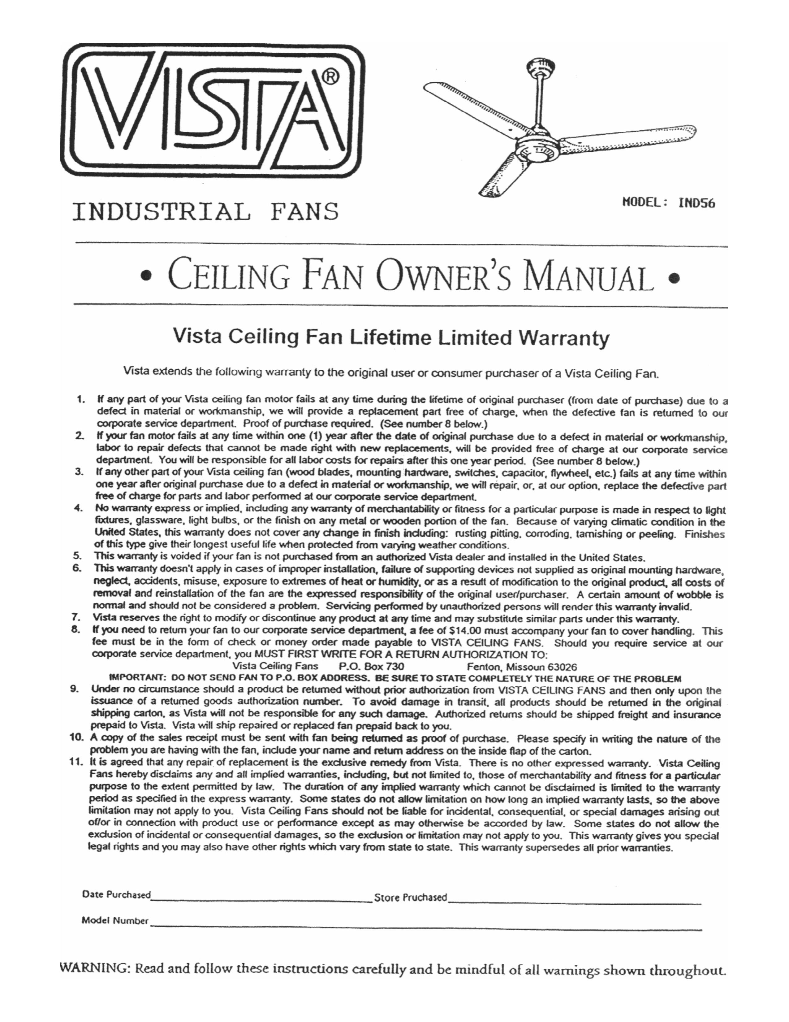 Vista IND56 Outdoor Ceiling Fan User Manual