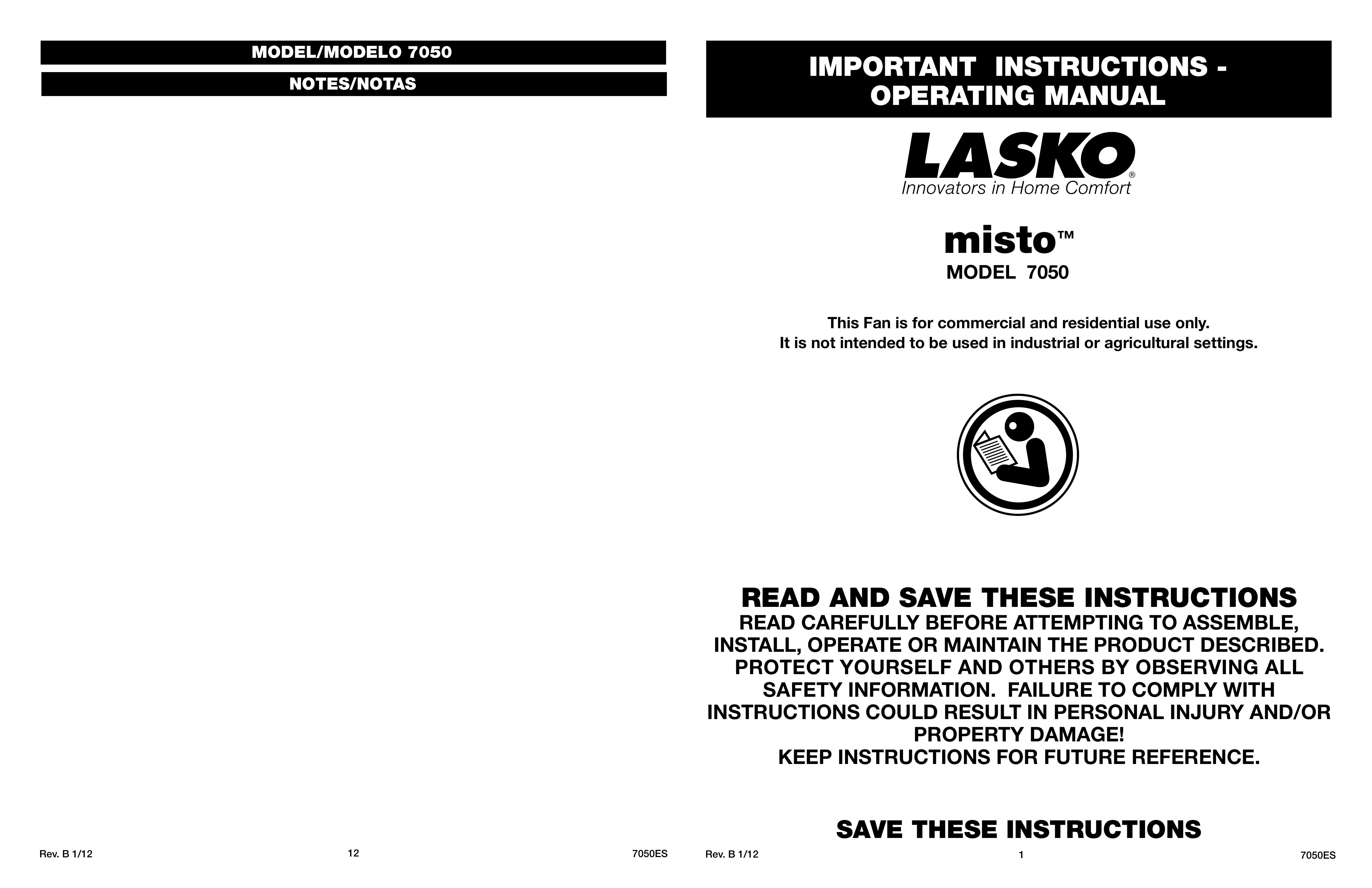 Lasko 7050 Outdoor Misting Fan User Manual