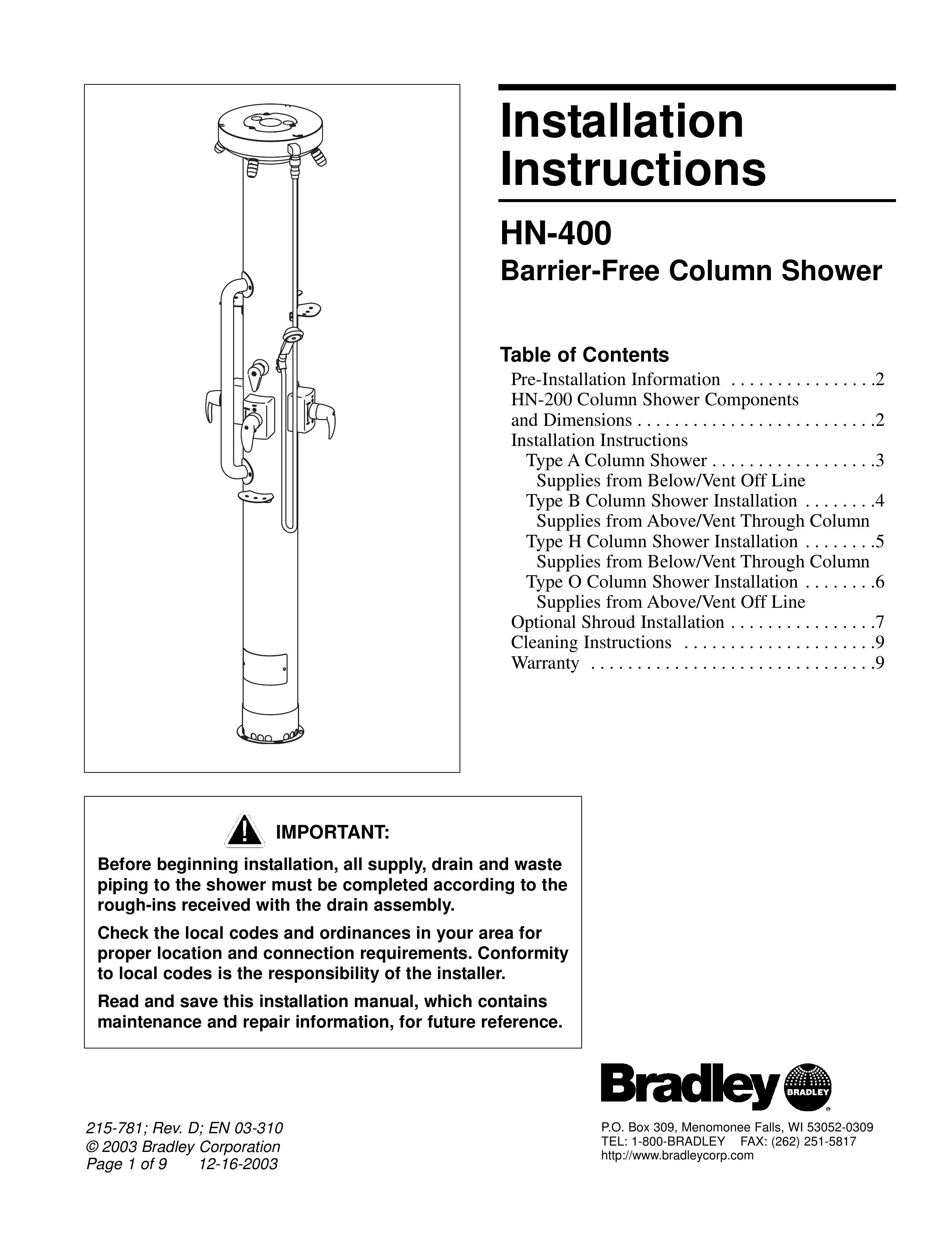 Bradley Smoker HN-400 Outdoor Shower User Manual