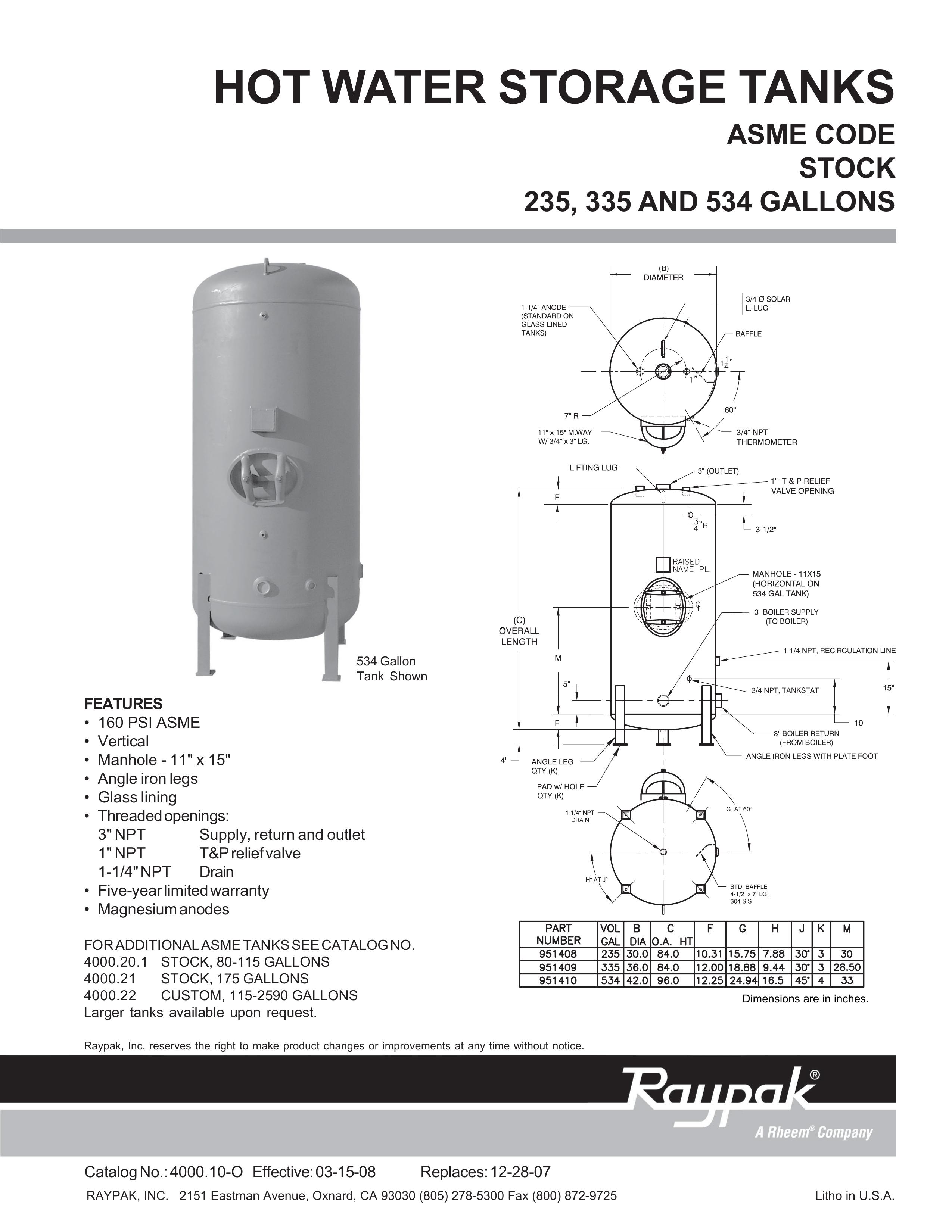 Raypak 534 Gallons Outdoor Storage User Manual