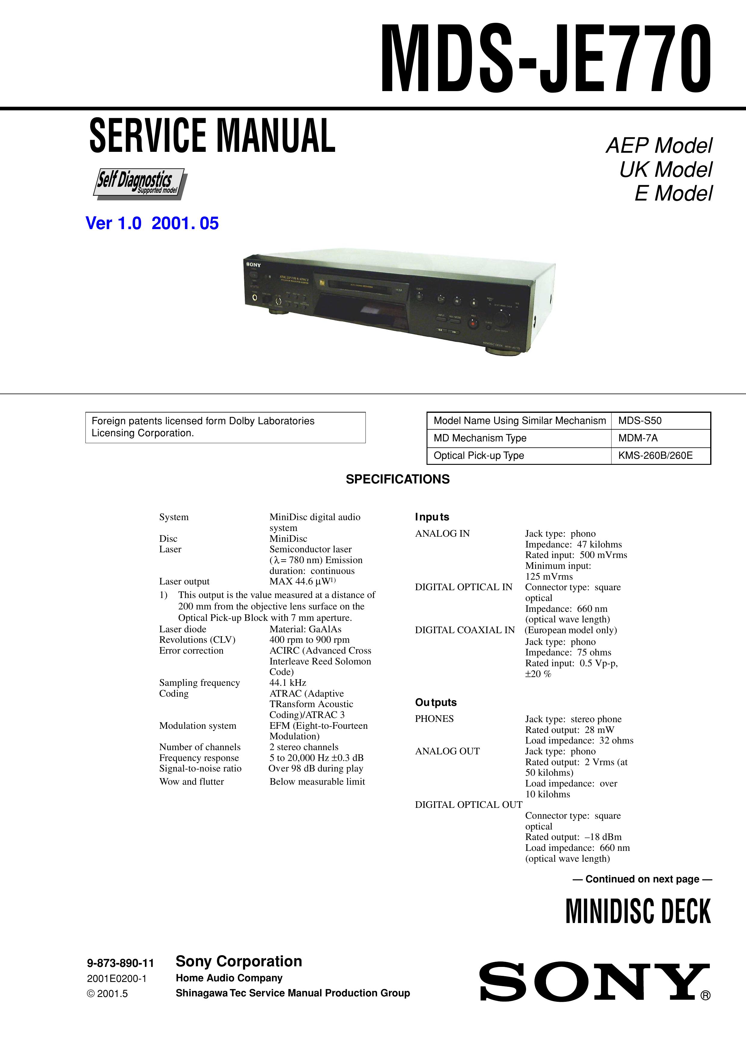 Sony MDS-JE770 Outdoor Storage User Manual