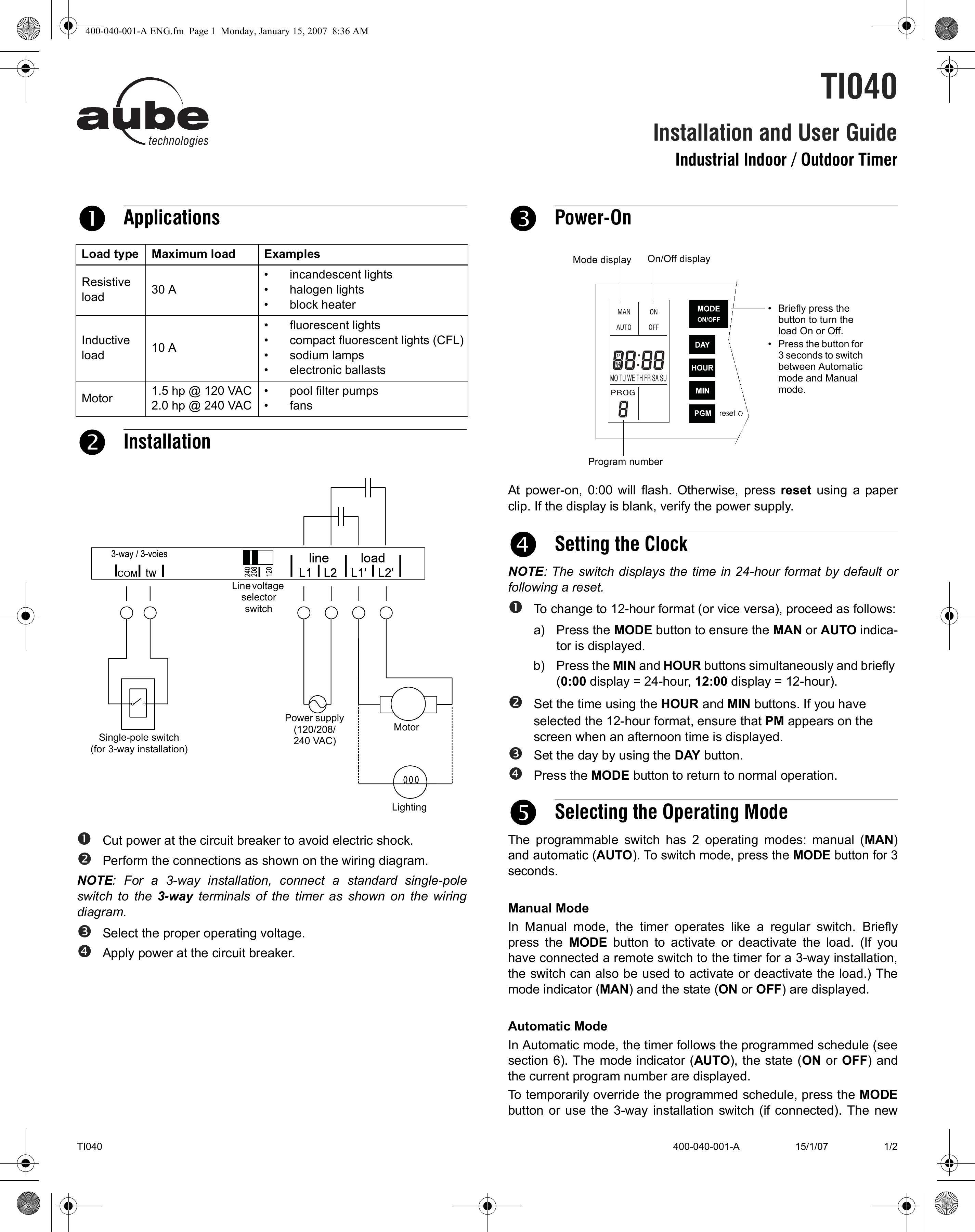 Aube Technologies TI040 Outdoor Timer User Manual