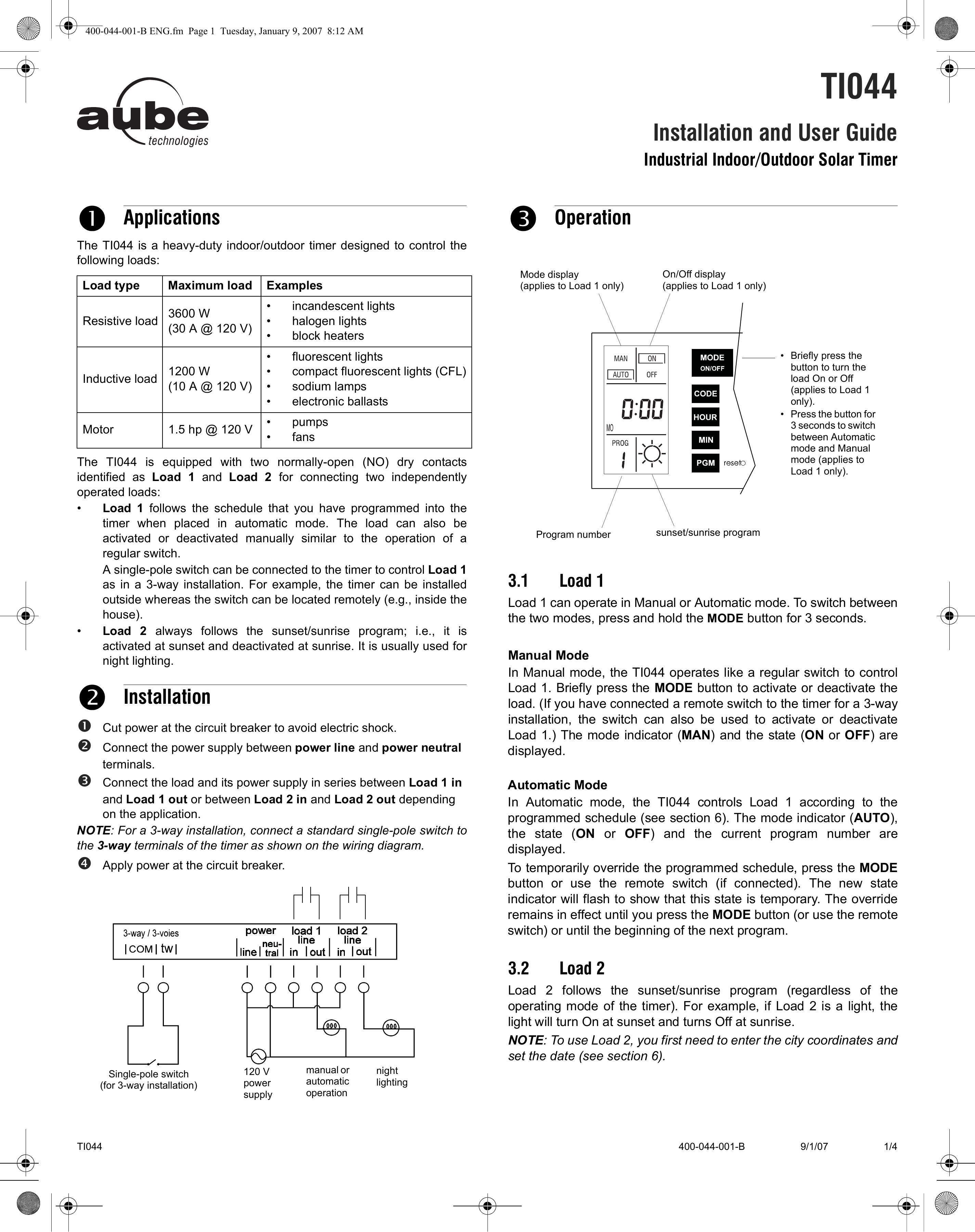 Aube Technologies TI044 Outdoor Timer User Manual