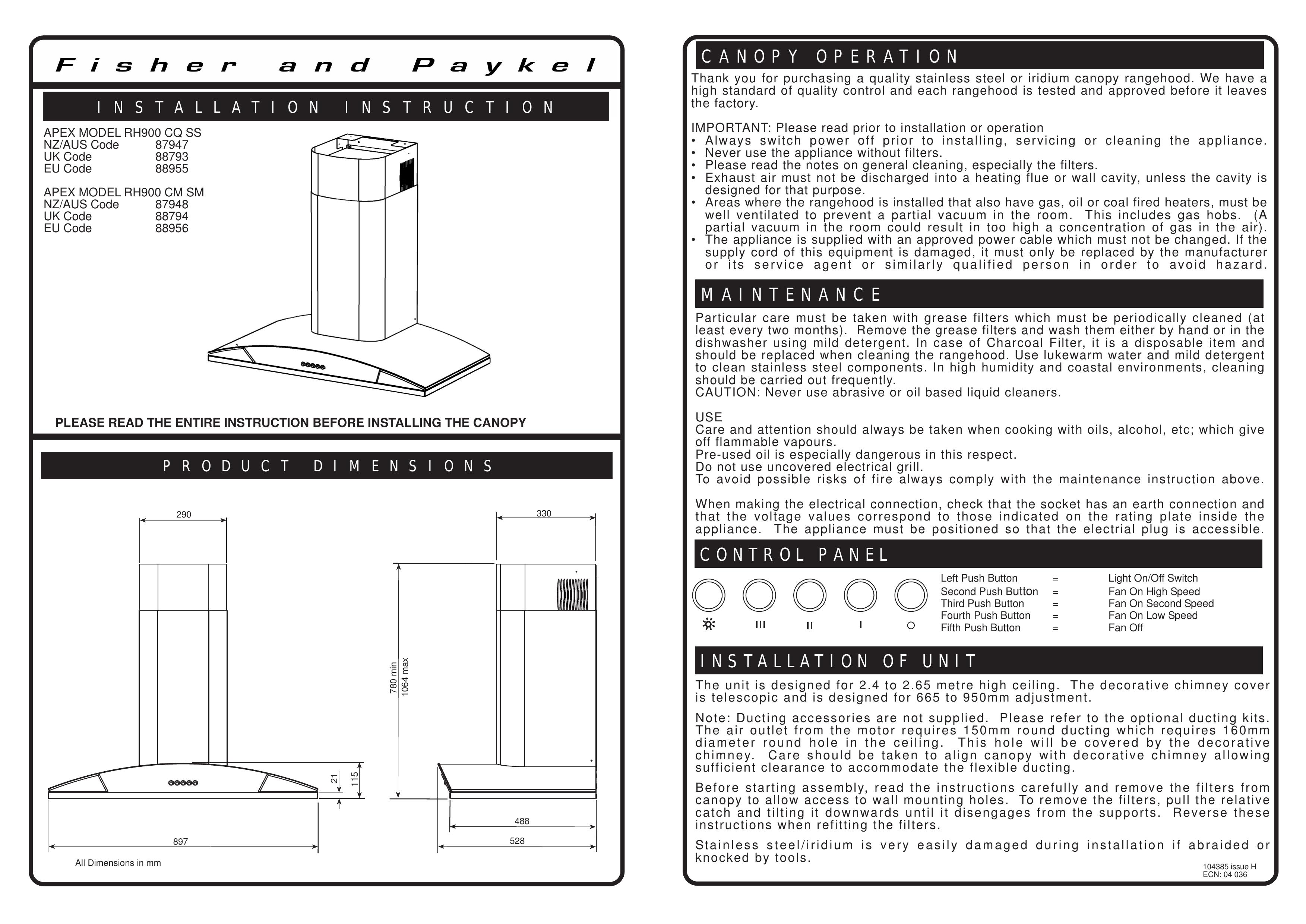 Fisher & Paykel RH900 Patio Furniture User Manual