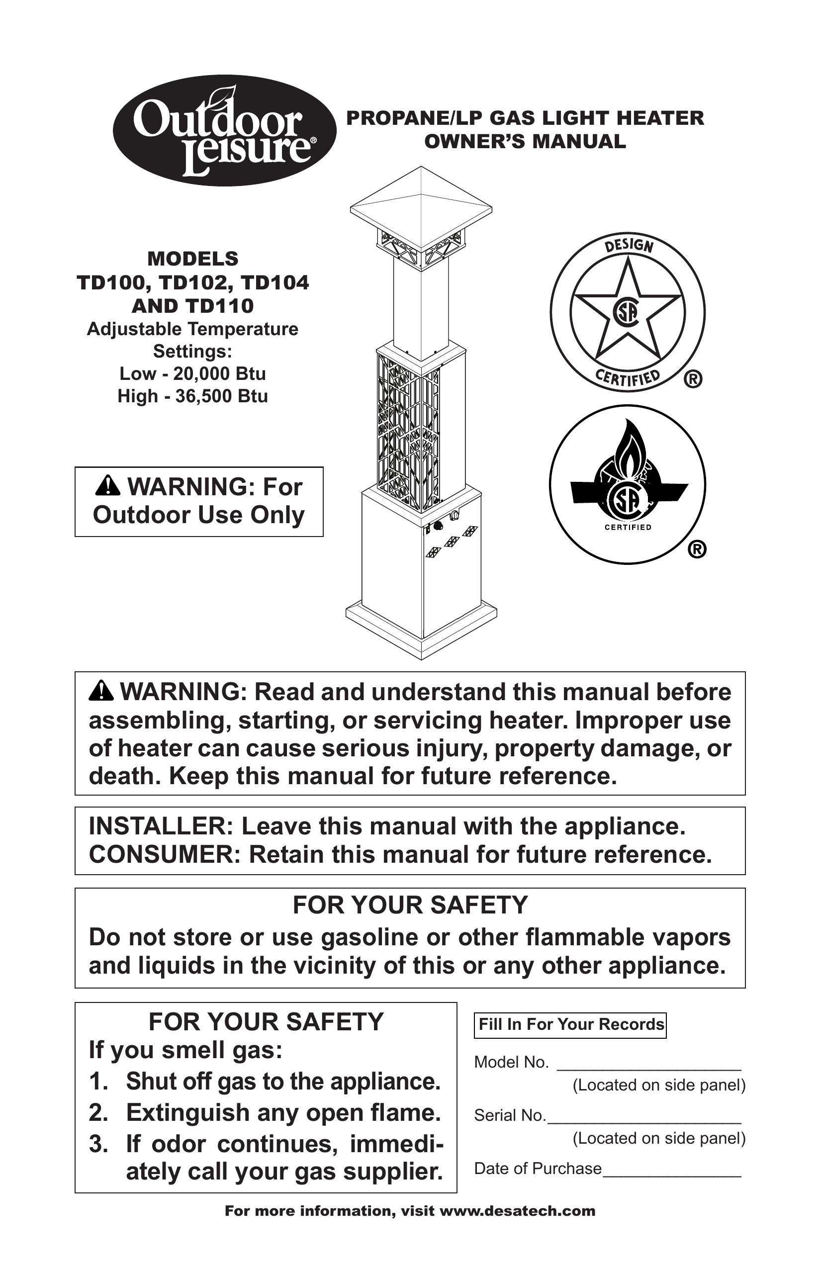 Desa TD100, TD102, TD104, TD110 Patio Heater User Manual