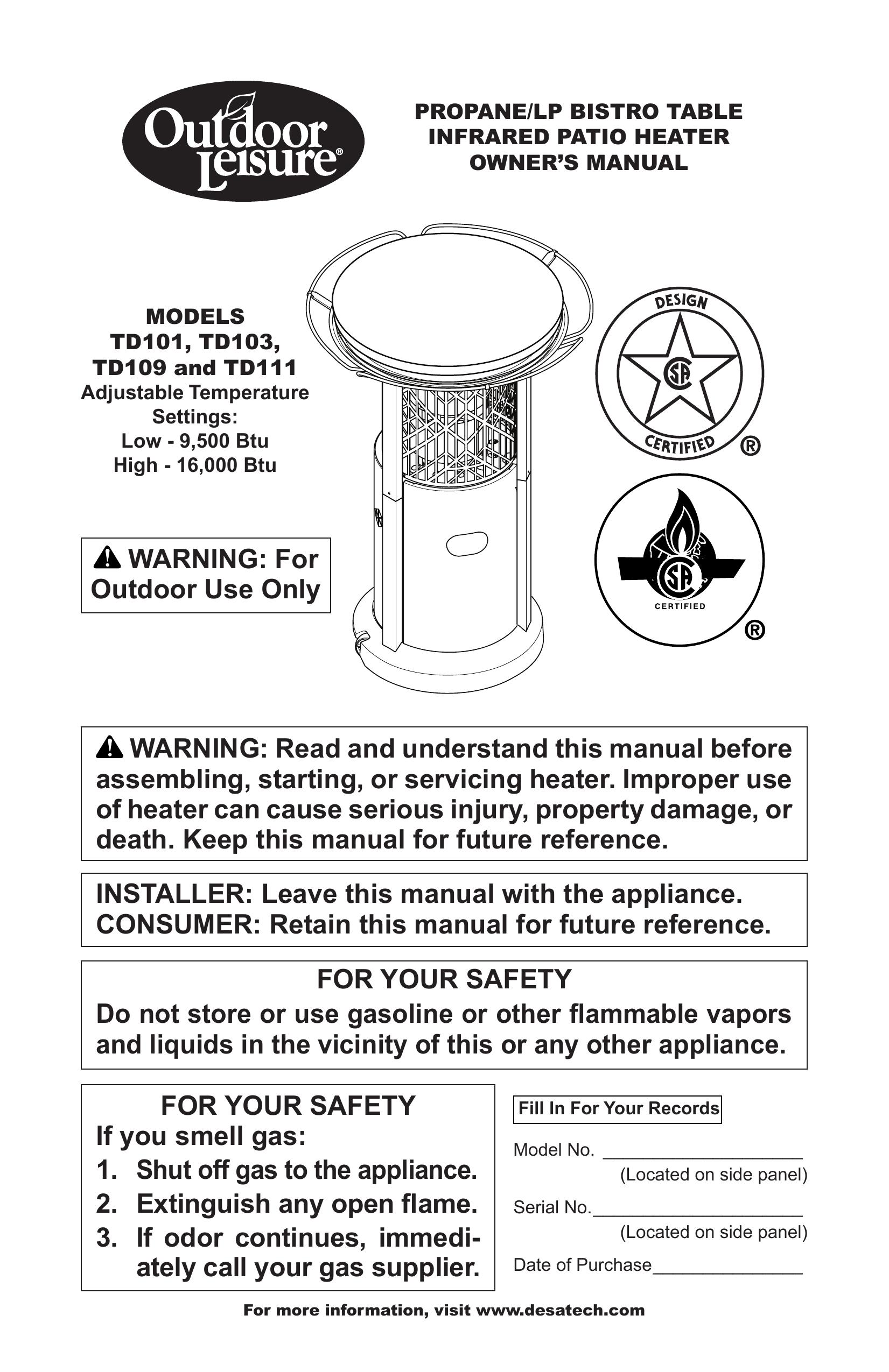 Desa Td101, Td103, Td109, Td111 Patio Heater User Manual