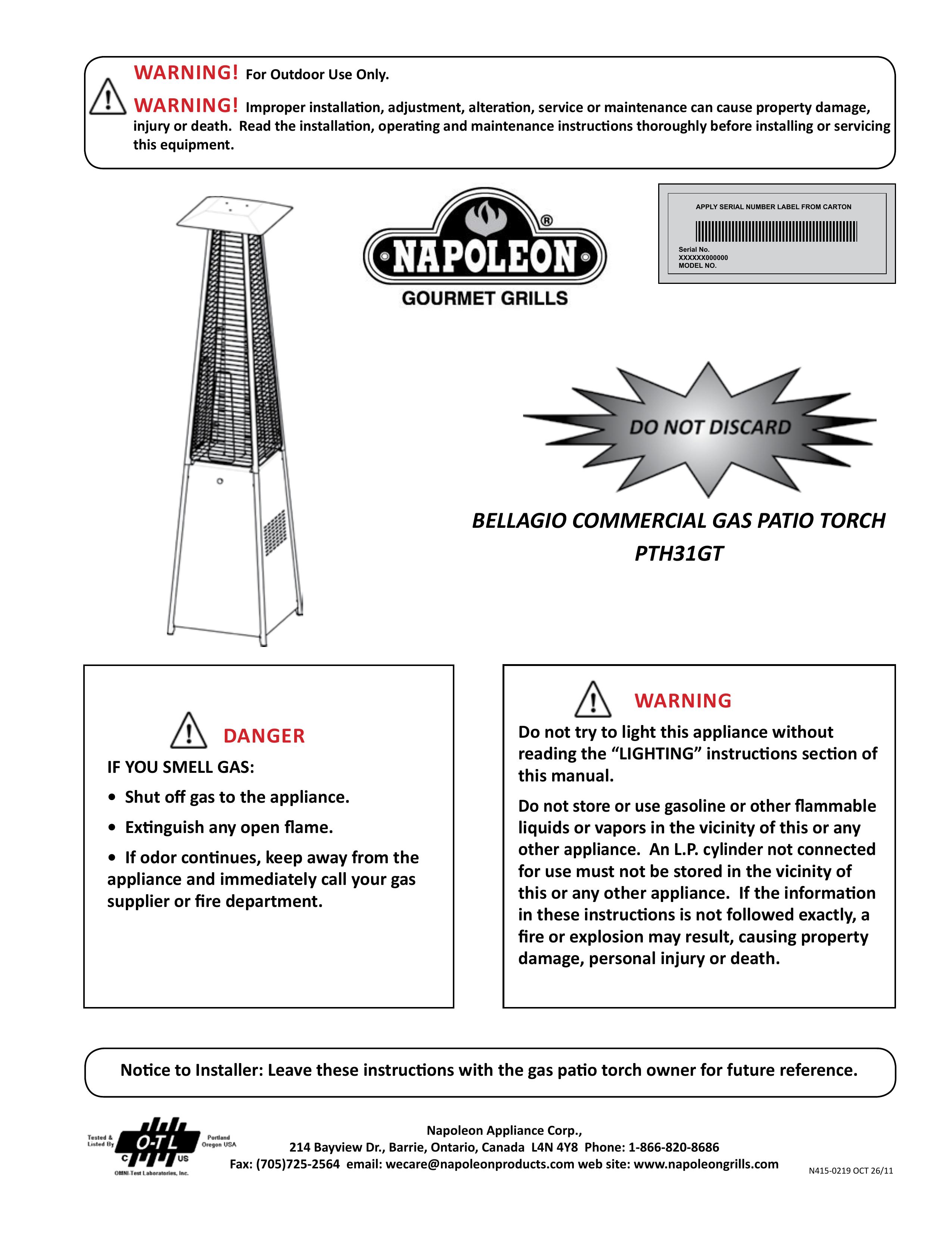 Napoleon Grills PTH31GT Patio Heater User Manual