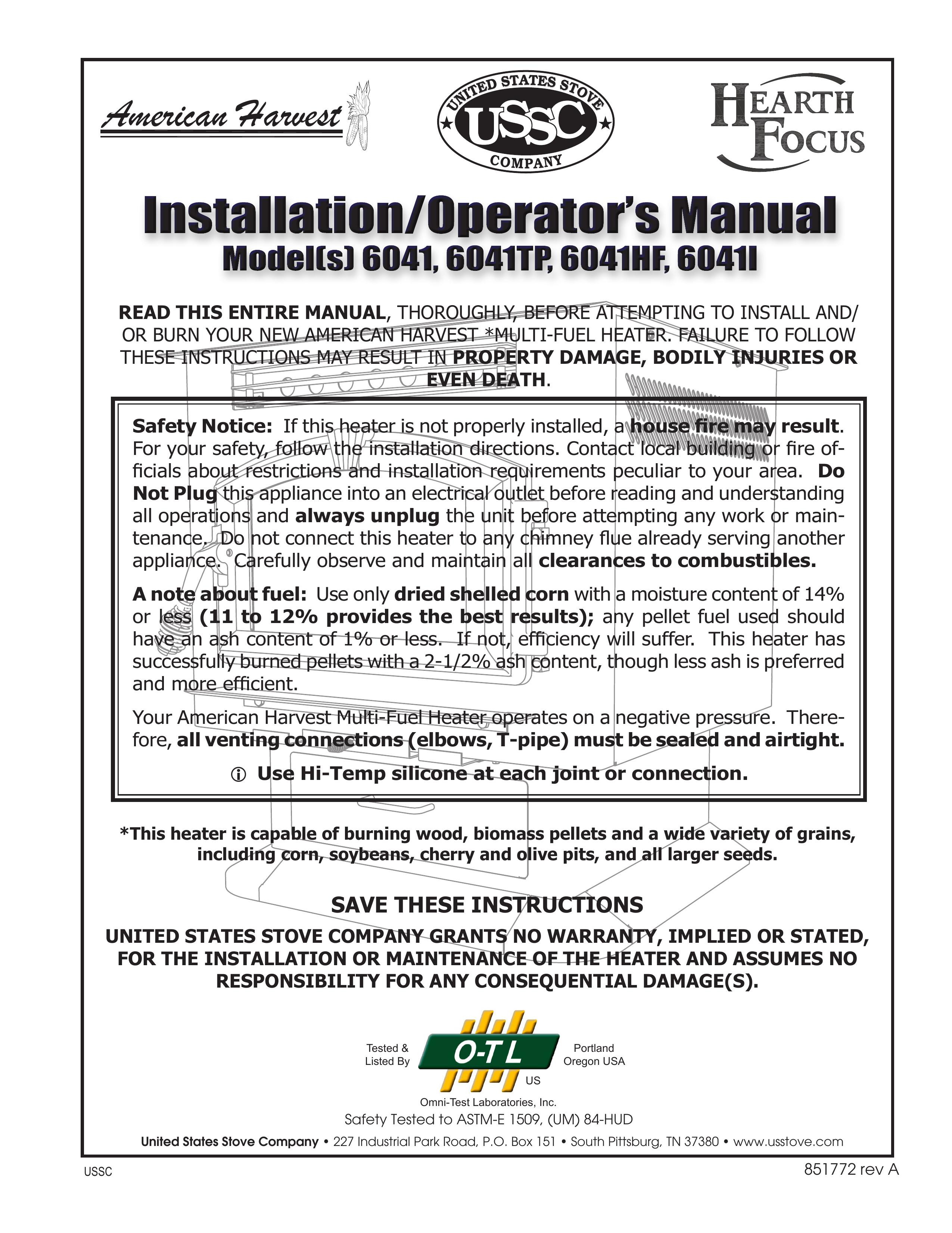 United States Stove 6041TP Patio Heater User Manual
